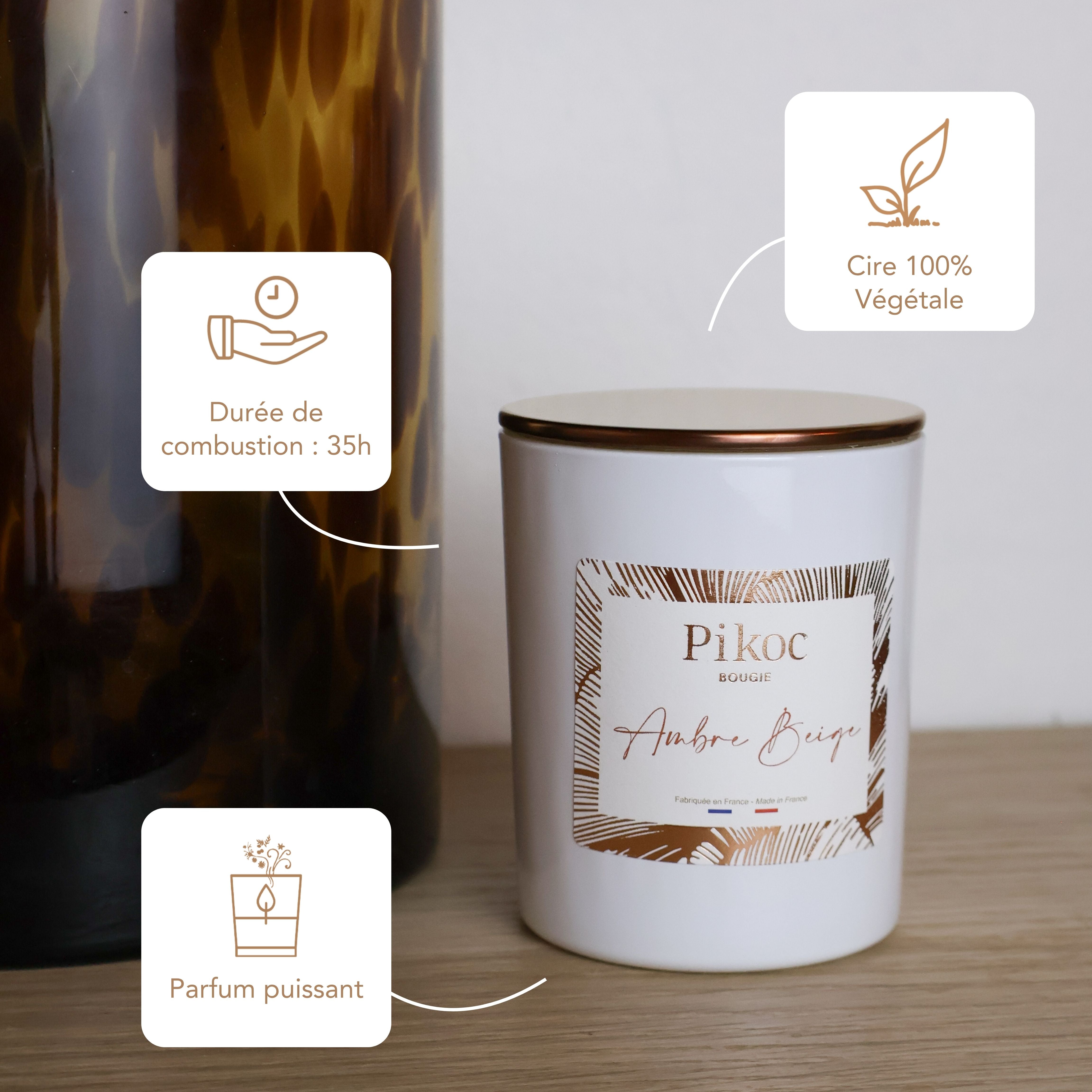 Bougie parfumée Pikoc Ambre Beige, 150g, durée de combustion 35h, cire 100% végétale (soja et coco), parfum puissant