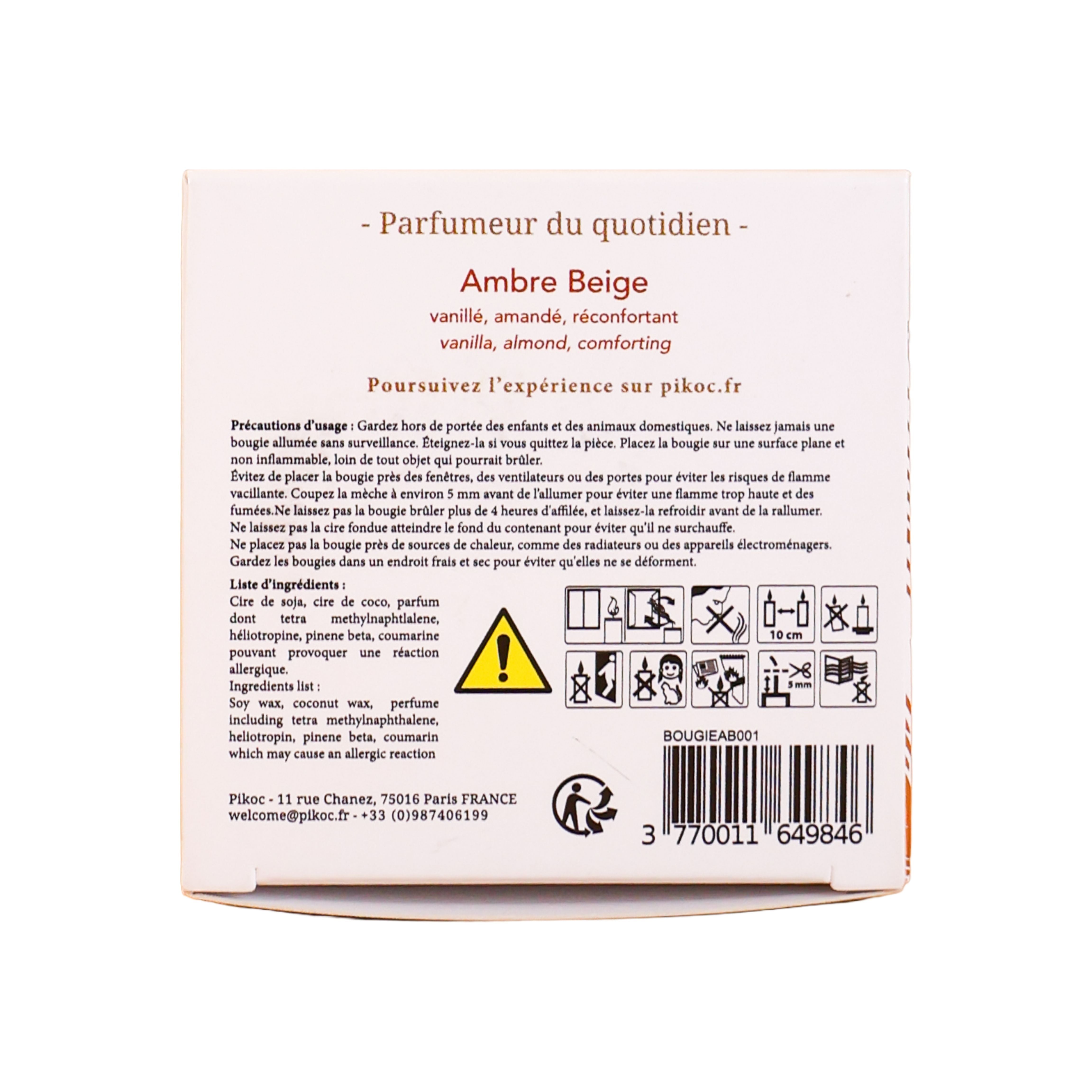Détail réglementaire de la bougie parfumée Pikoc Ambre Beige