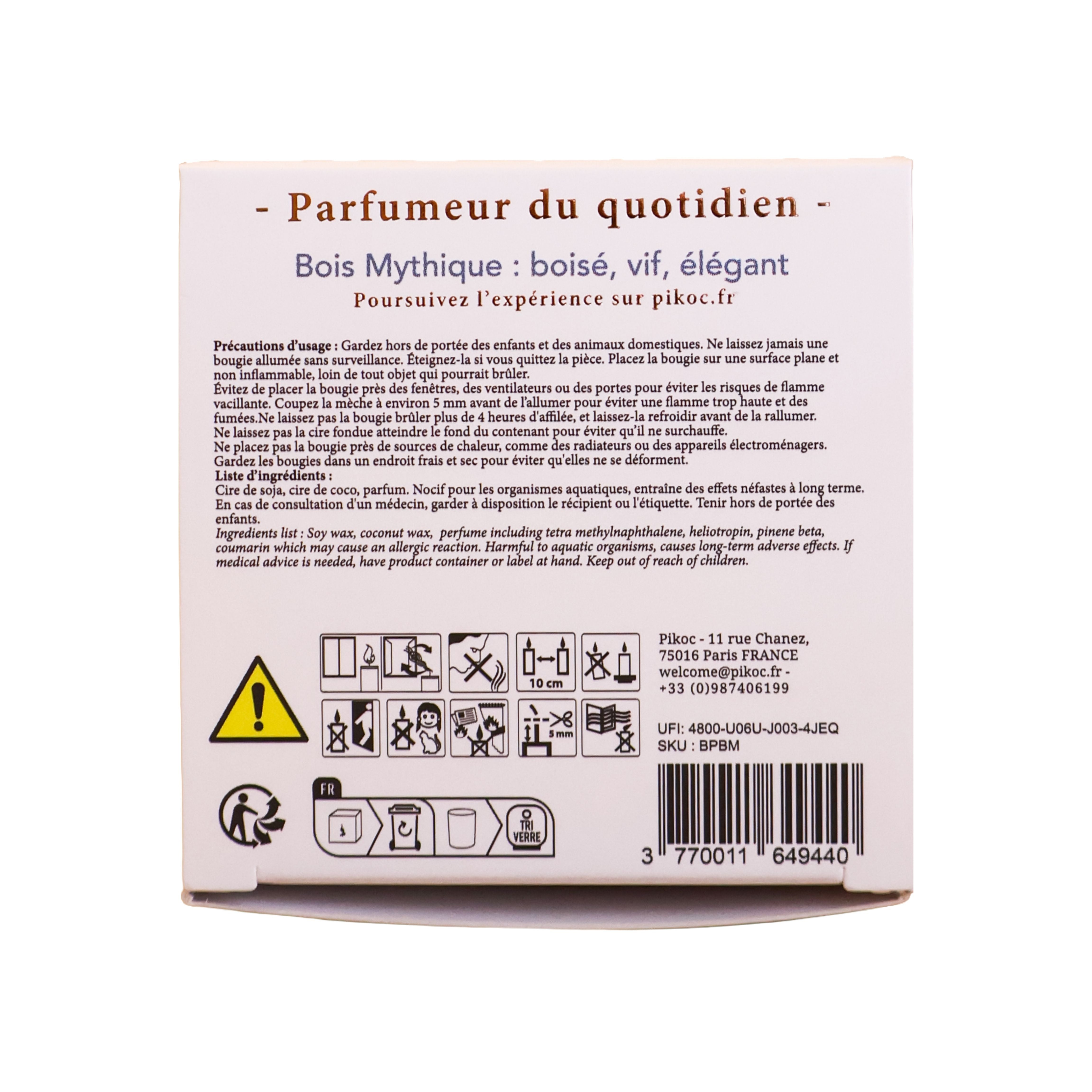 Détail réglementaire de la bougie parfumée Pikoc Bois Mythique