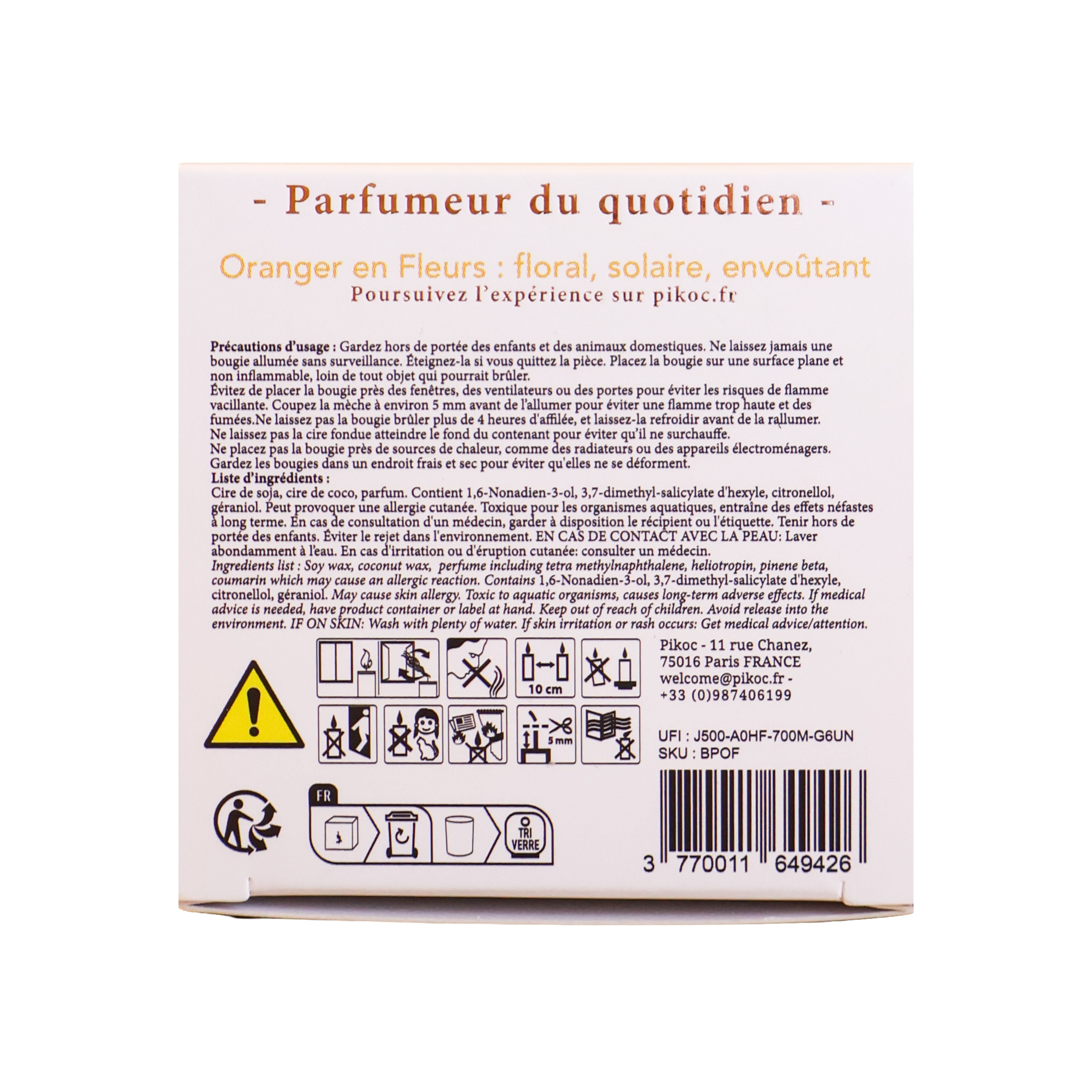 Détail réglementaire de la bougie parfumée Pikoc Oranger en Fleurs