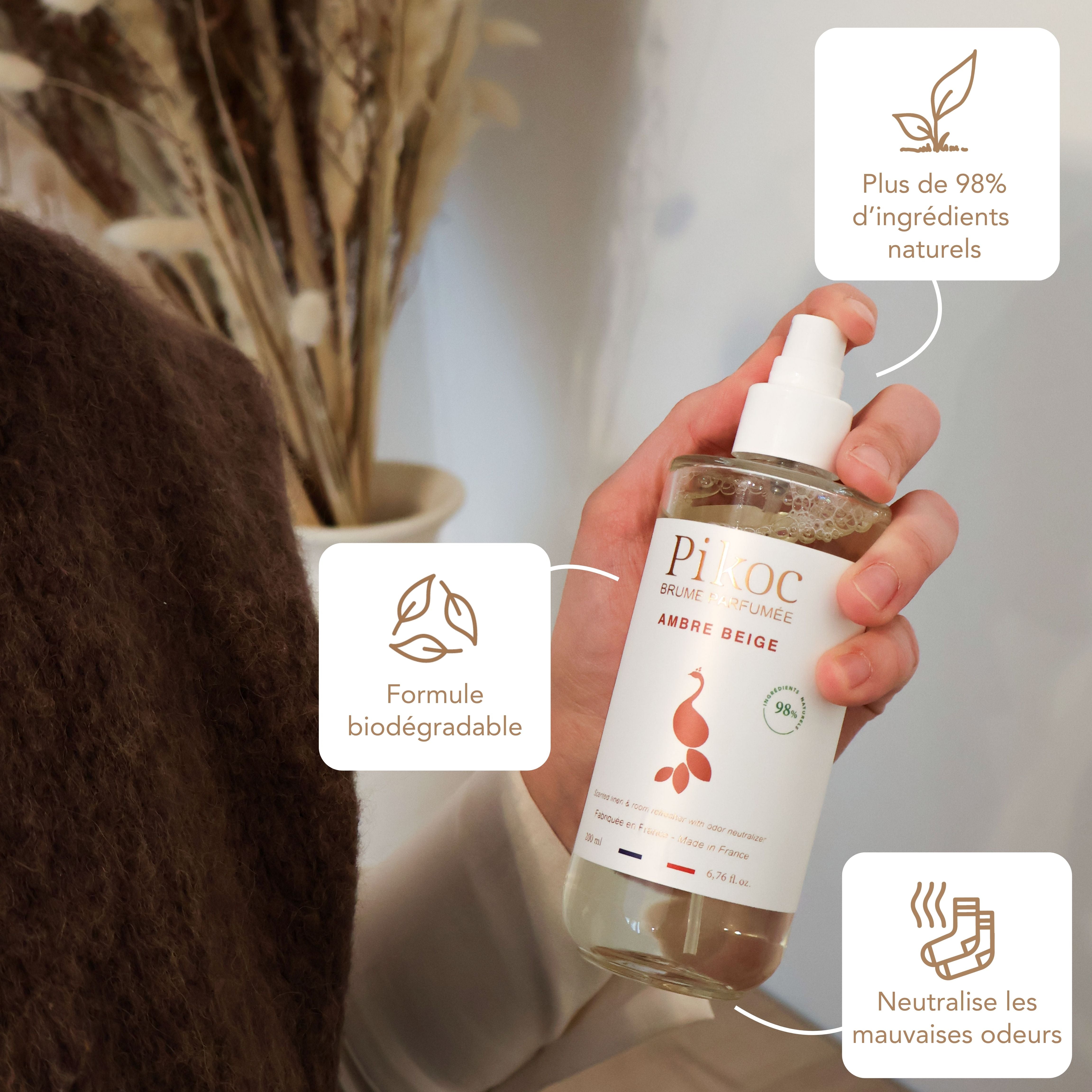 Brume Parfumée Pikoc Ambre Beige, 200mL, origine naturelle, formule biodégradable, neutralise les mauvaises odeurs