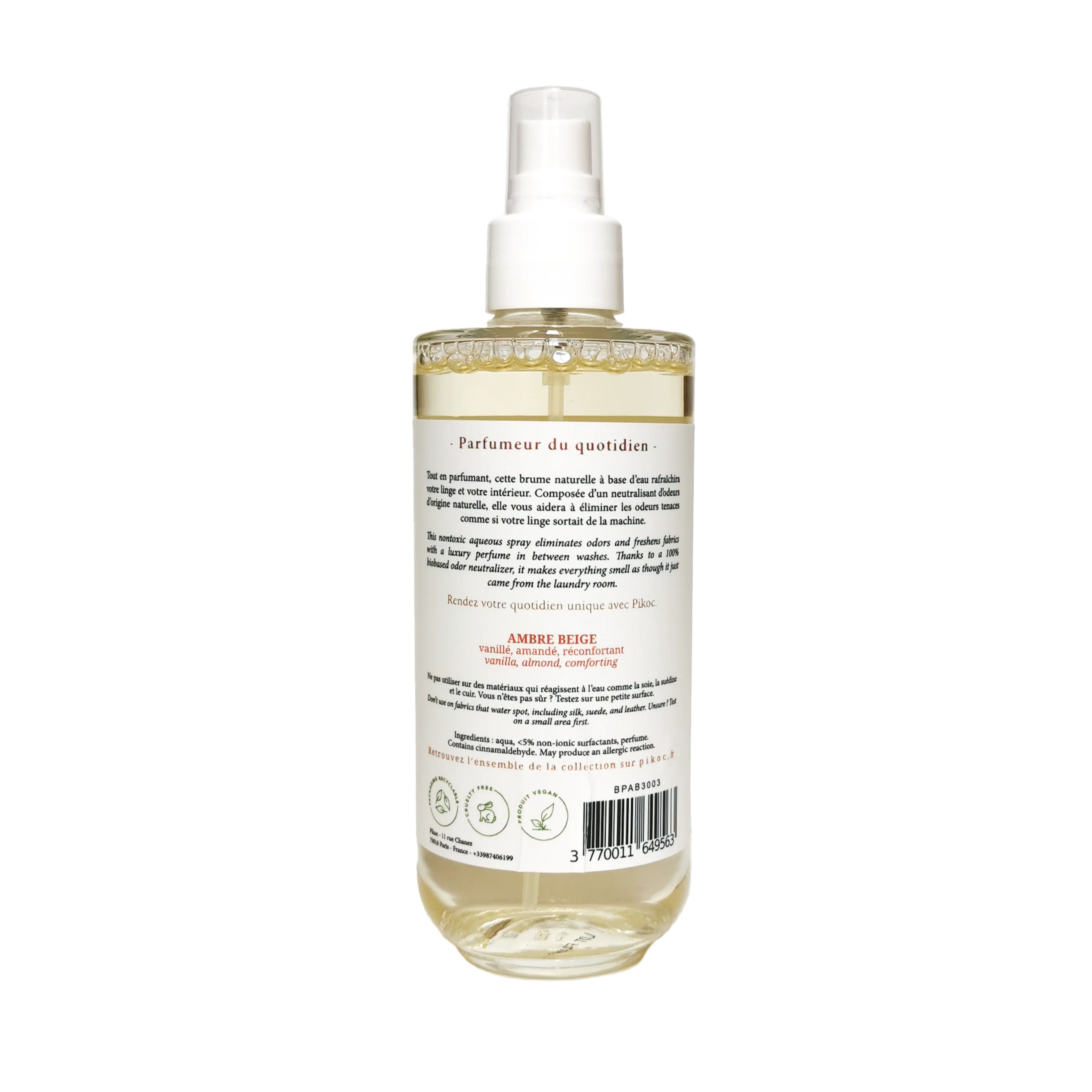 Détail réglementaire de la brume parfumée 200mL Pikoc Ambre Beige