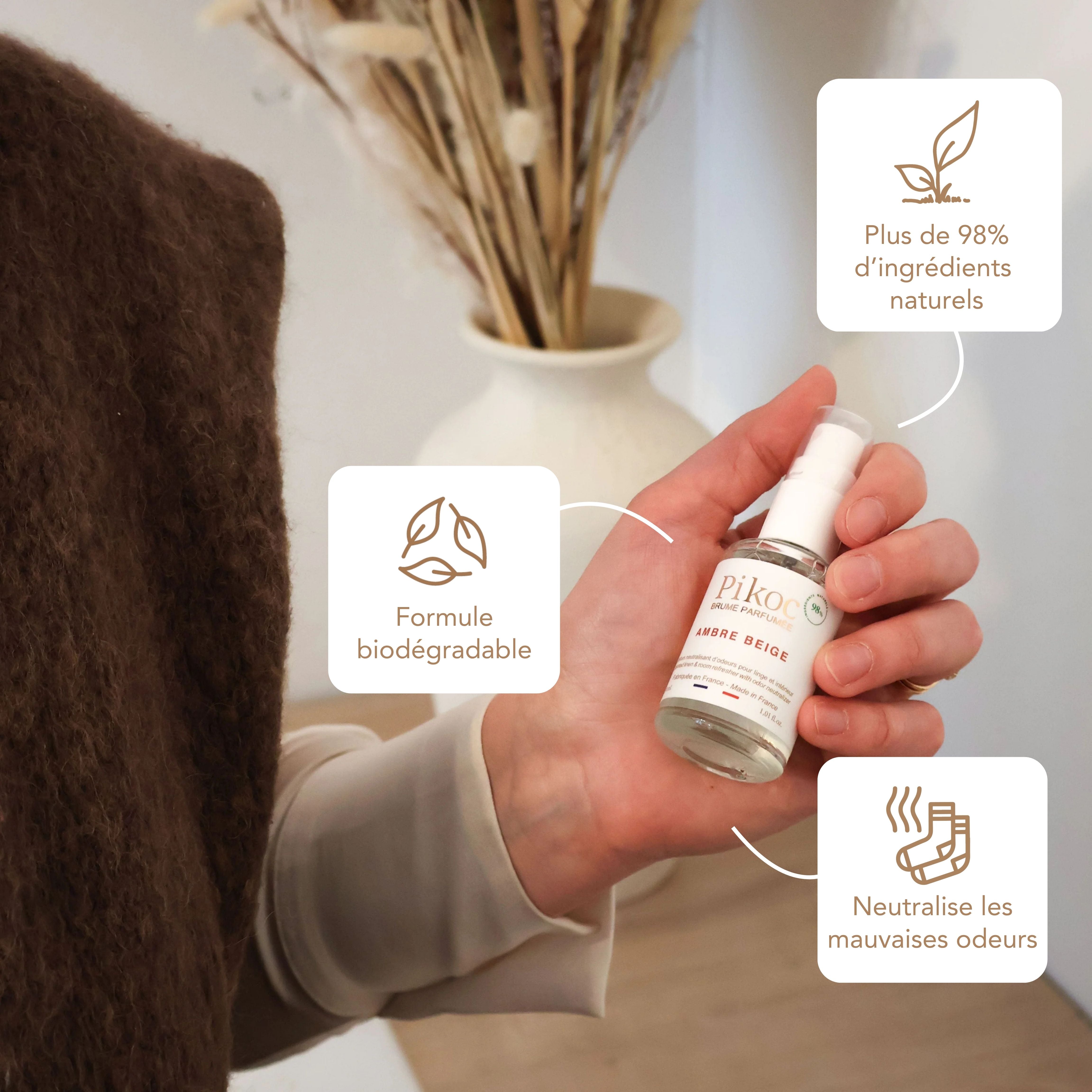 Brume Parfumée Pikoc Ambre Beige, 30mL, origine naturelle, formule biodégradable, neutralise les mauvaises odeurs