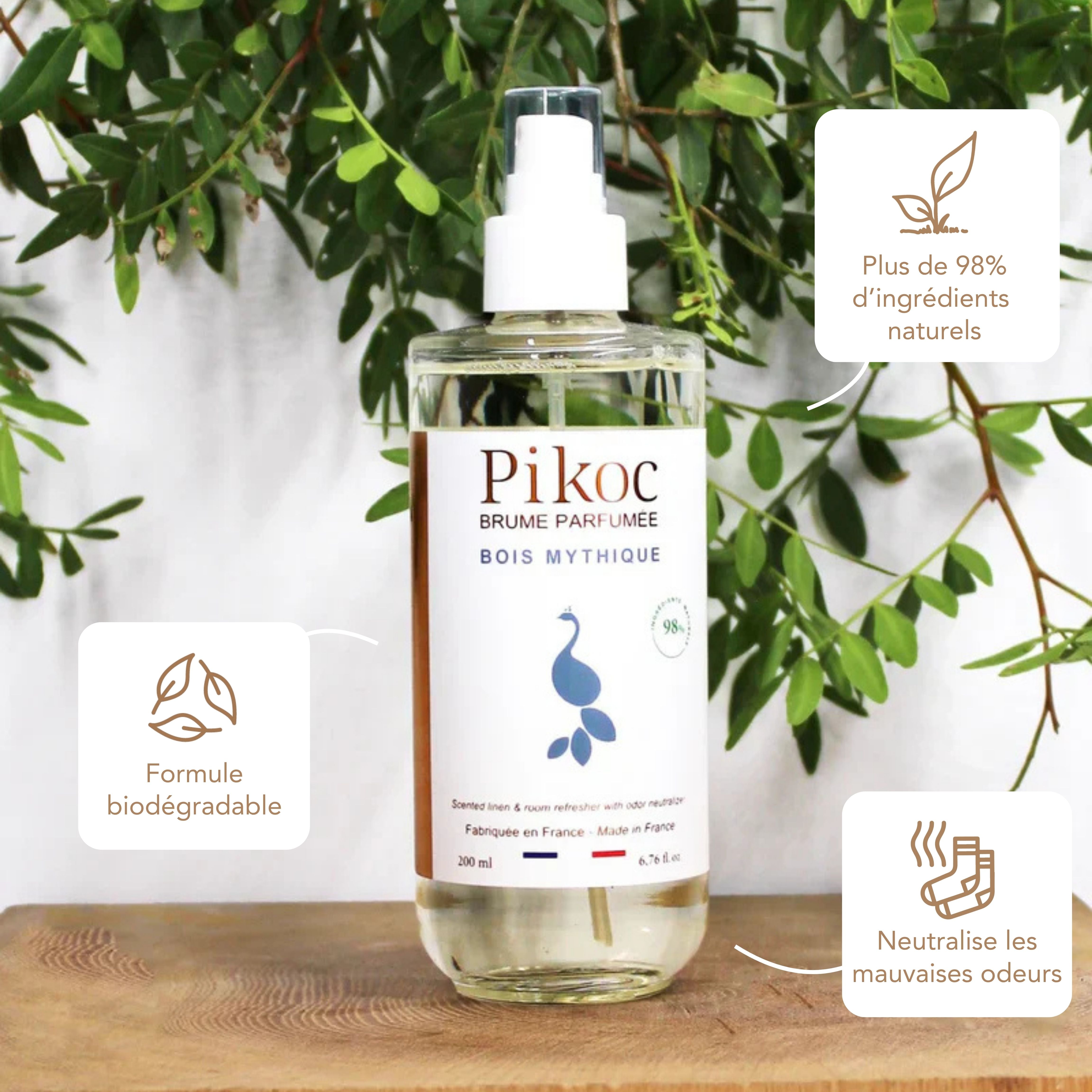 Brume Parfumée Pikoc Bois Mythique, 200mL, origine naturelle, formule biodégradable, neutralise les mauvaises odeurs