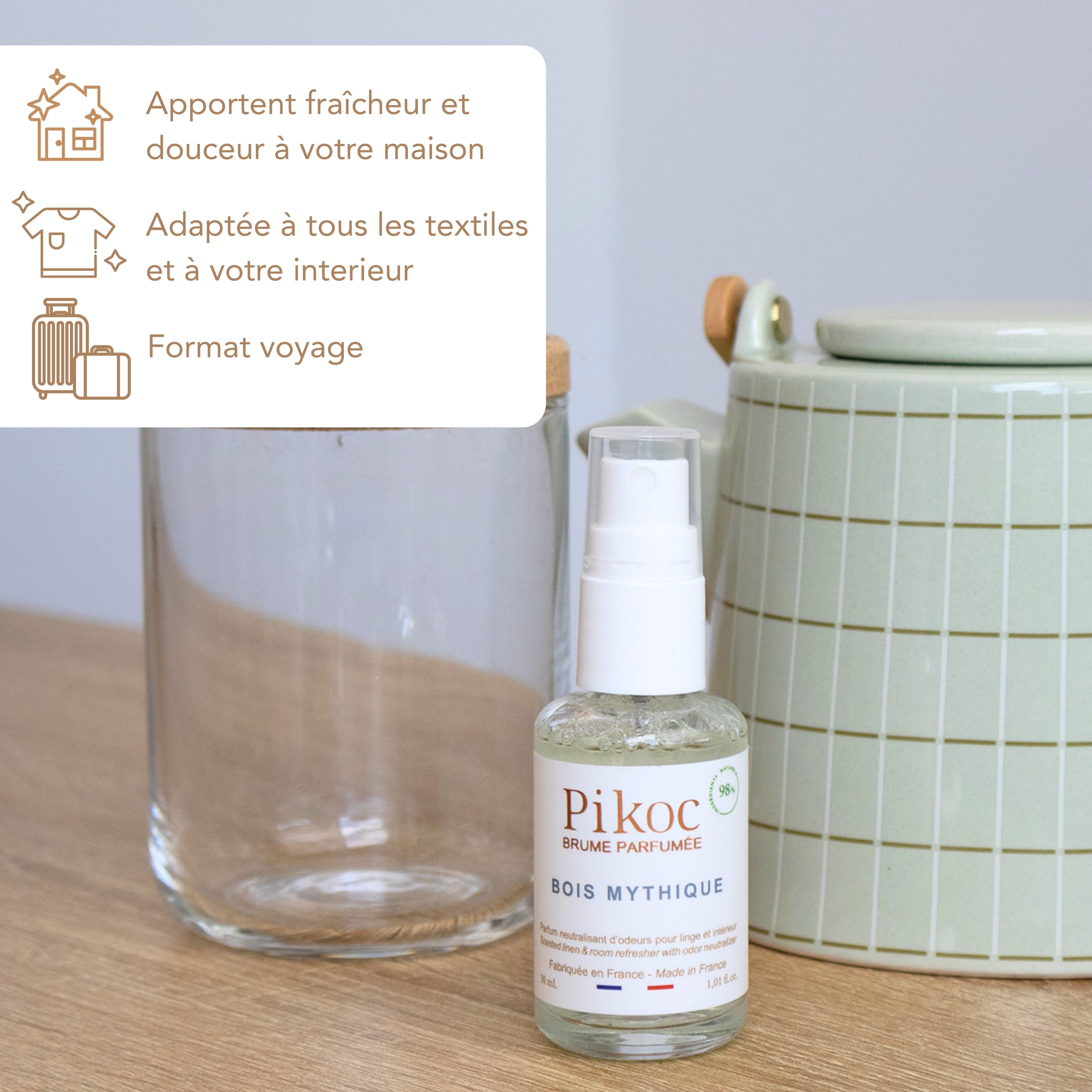 Brume Parfumée Pikoc Bois Mythique, 30mL, apporte fraîcheur et douceur à la maison, adaptée à tous les textiles et à l'intérieur, format voyage