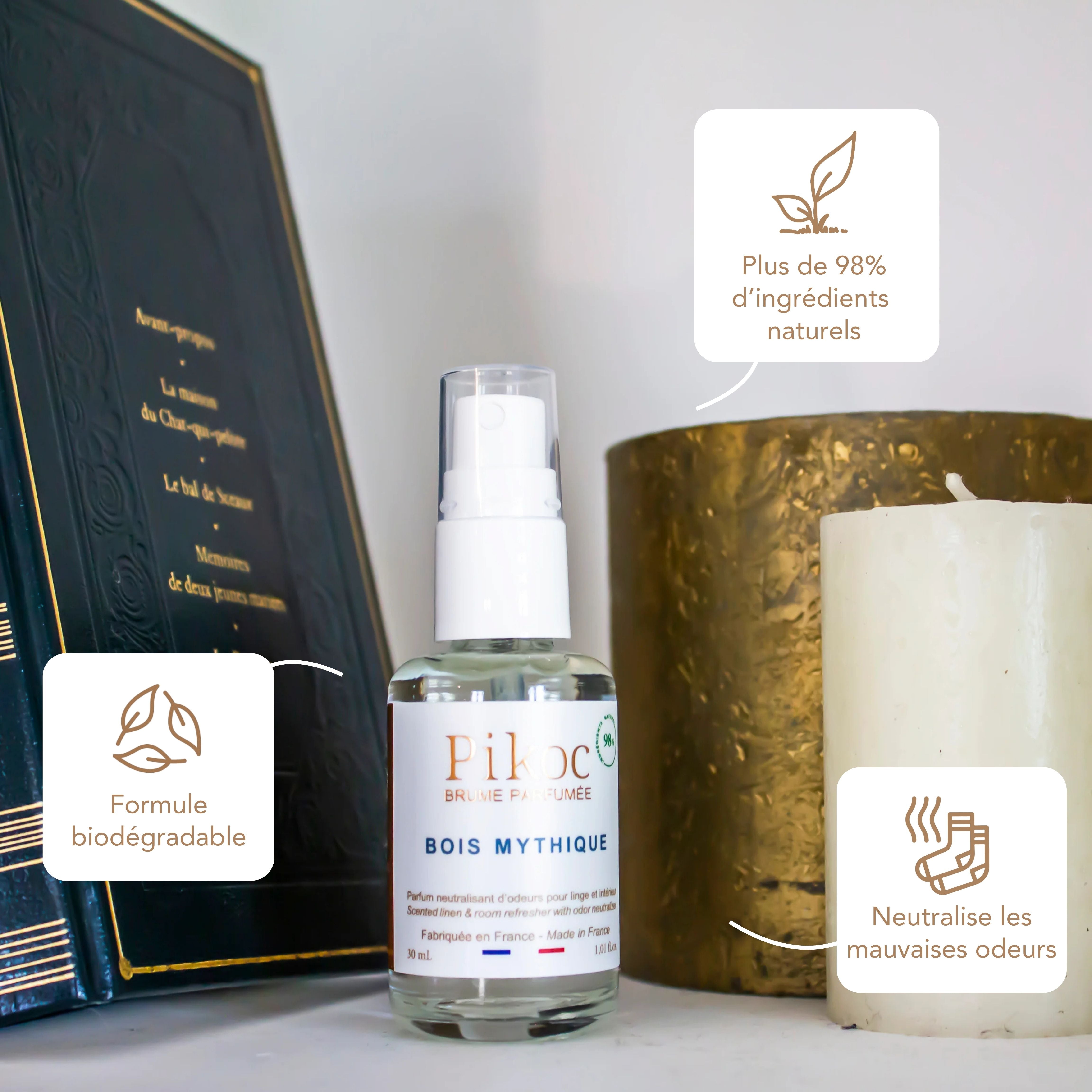 Brume Parfumée Pikoc Bois Mythique, 30mL, origine naturelle, formule biodégradable, neutralise les mauvaises odeurs