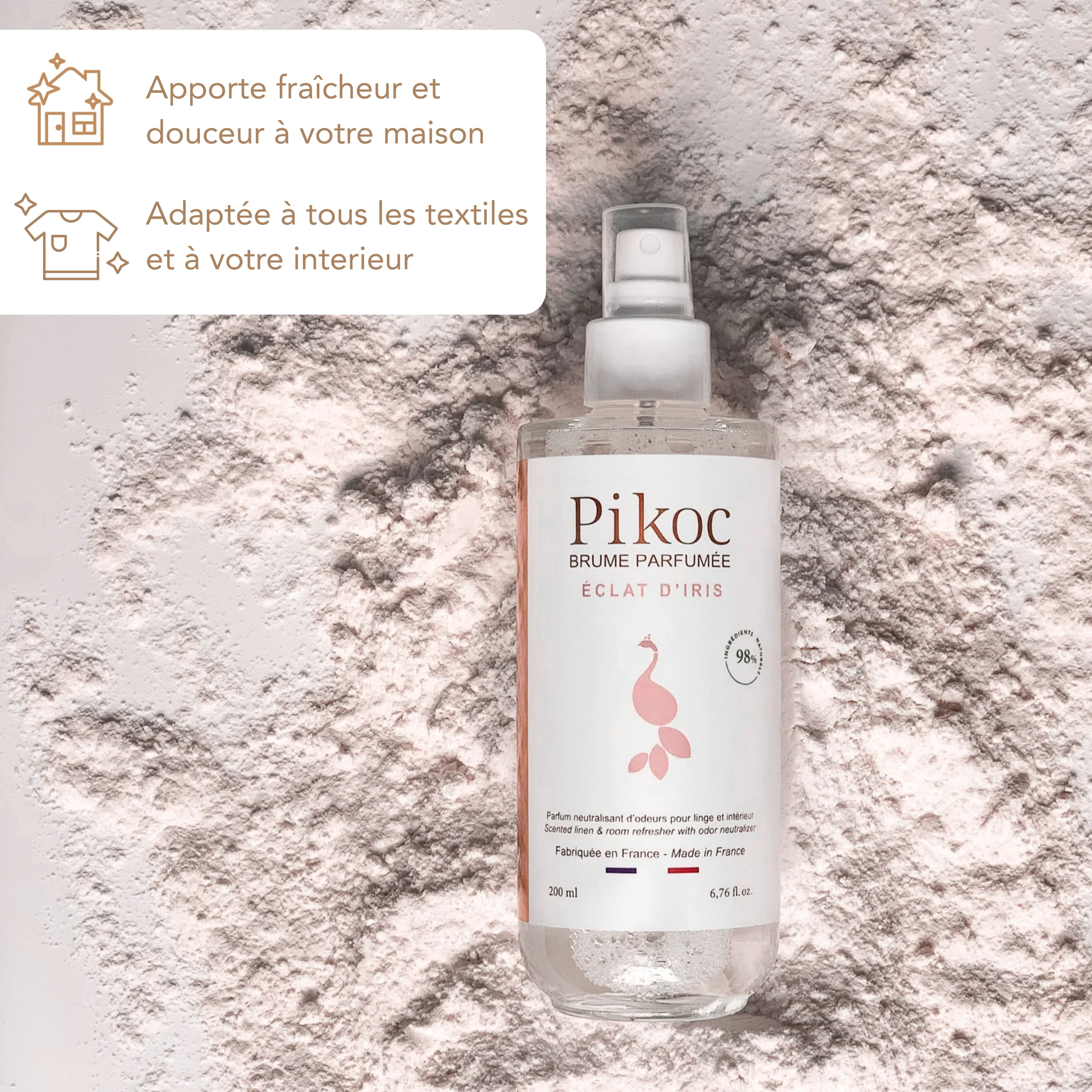 Brume Parfumée Pikoc Éclat d’Iris, 200mL, apporte fraîcheur et douceur à la maison, adaptée à tous les textiles et à l'intérieur