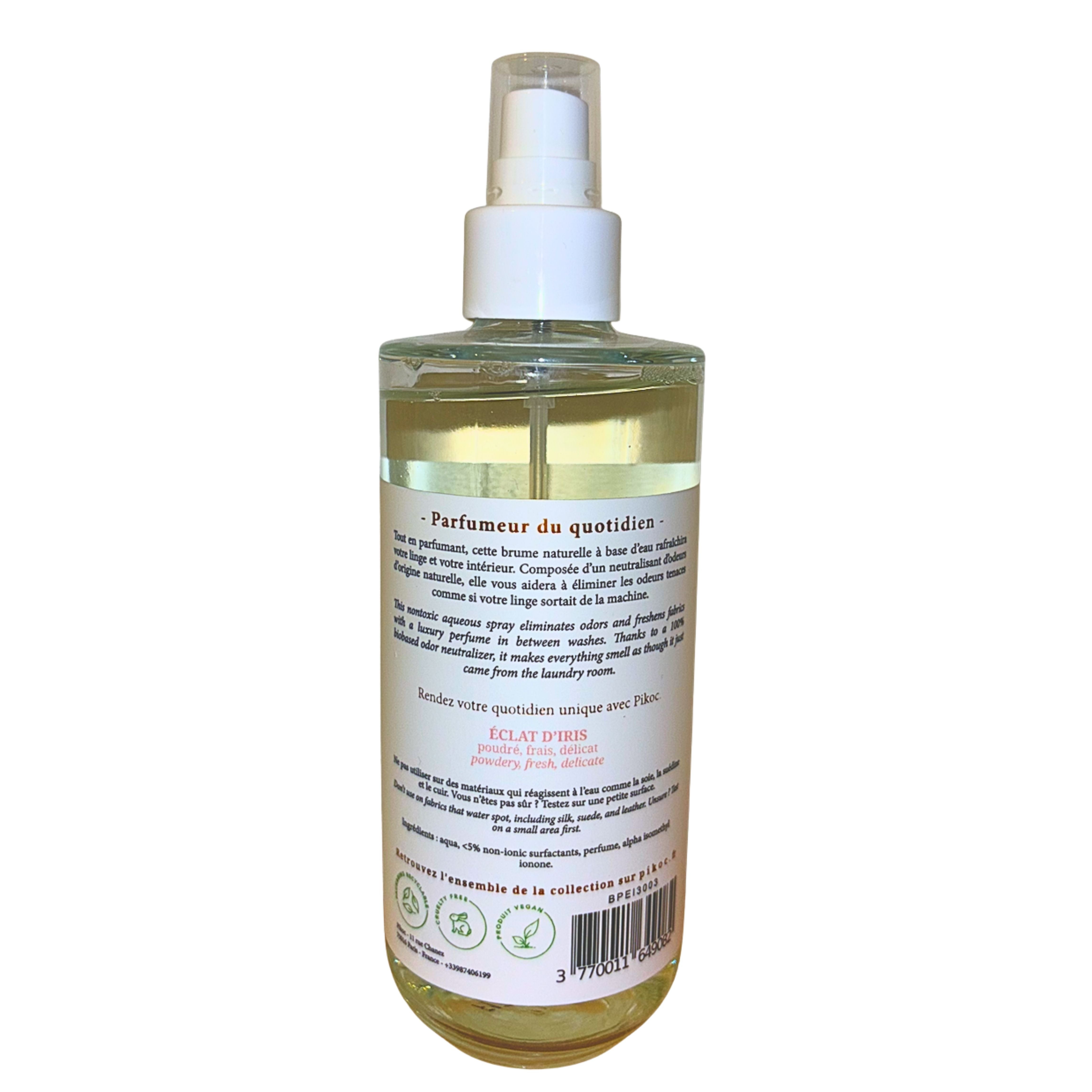 Détail réglementaire de la brume parfumée 200mL Pikoc Éclat d’Iris