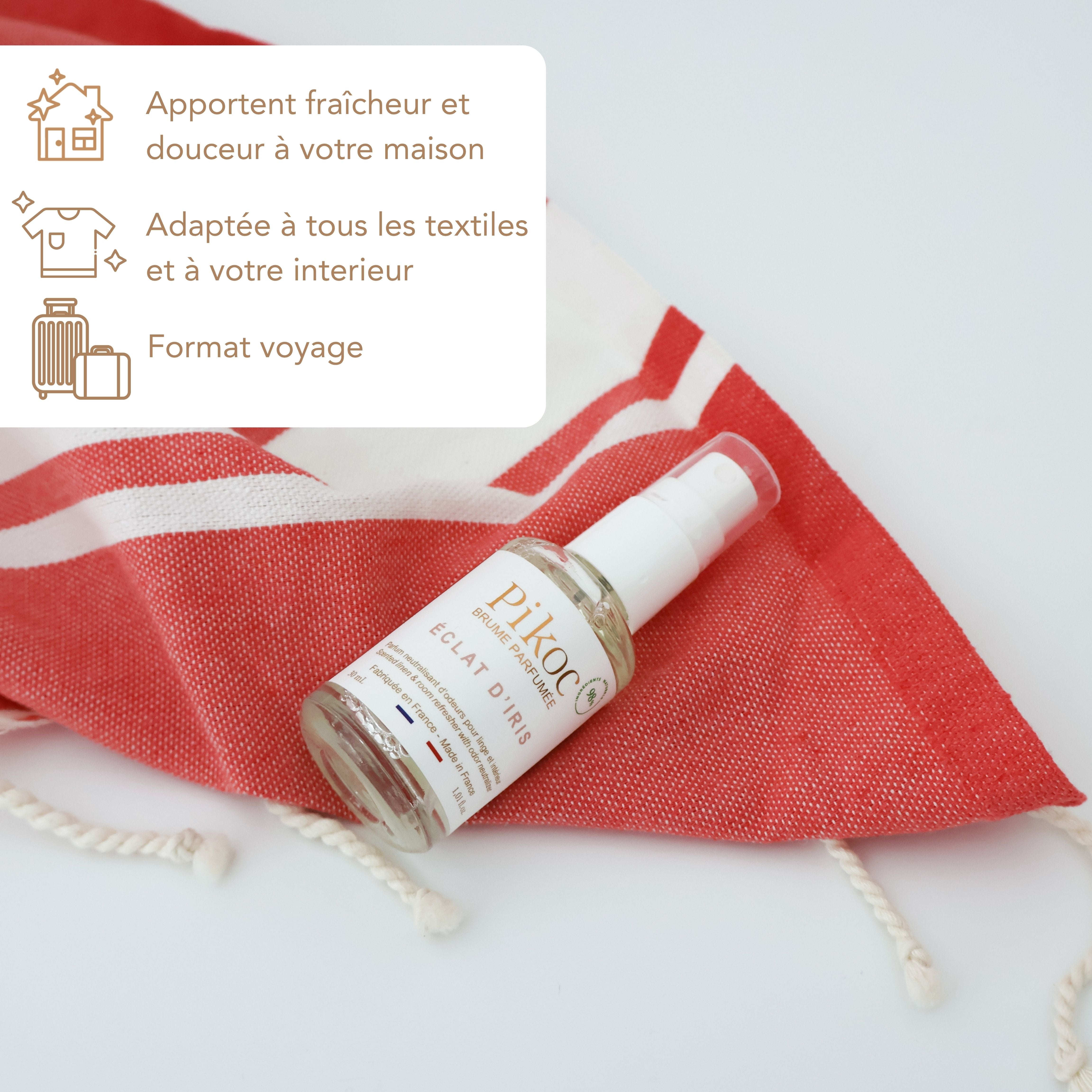 Brume Parfumée Pikoc Éclat d’Iris, 30mL, apporte fraîcheur et douceur à la maison, adaptée à tous les textiles et à l'intérieur, format voyage