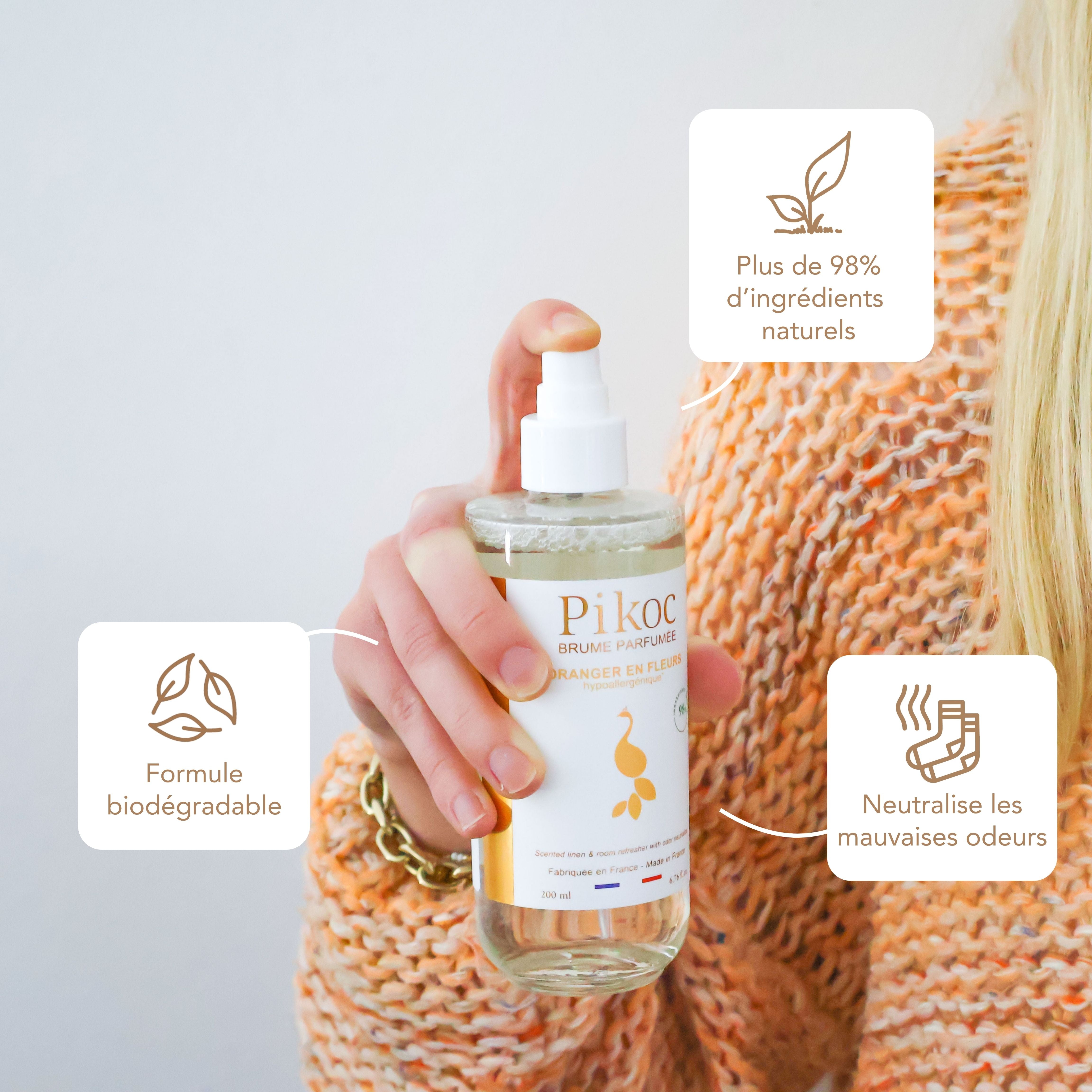 Brume Parfumée Pikoc Oranger en Fleurs, 200mL, origine naturelle, formule biodégradable, neutralise les mauvaises odeurs