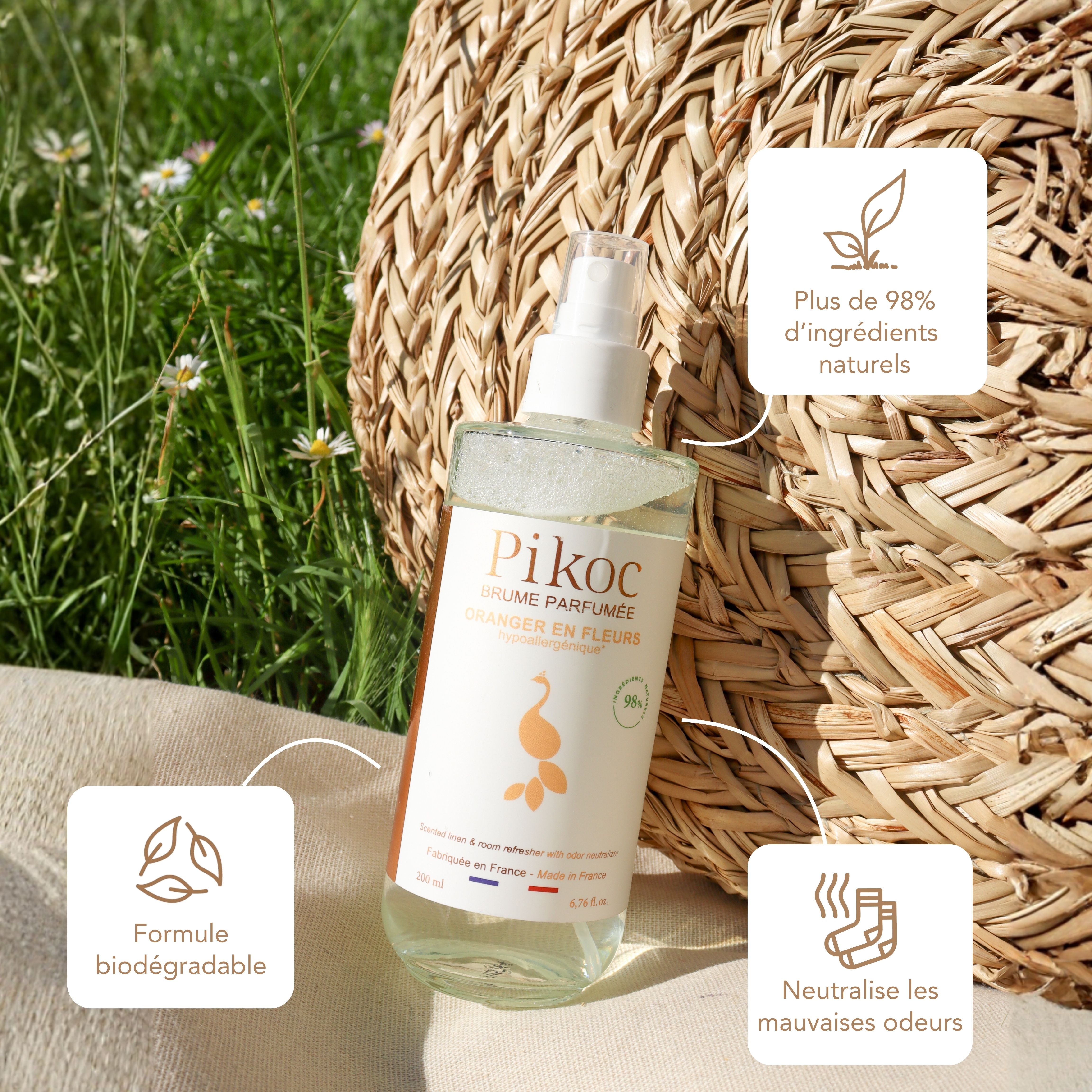 Brume Parfumée Pikoc Oranger en Fleurs, 200mL, origine naturelle, formule biodégradable, neutralise les mauvaises odeurs