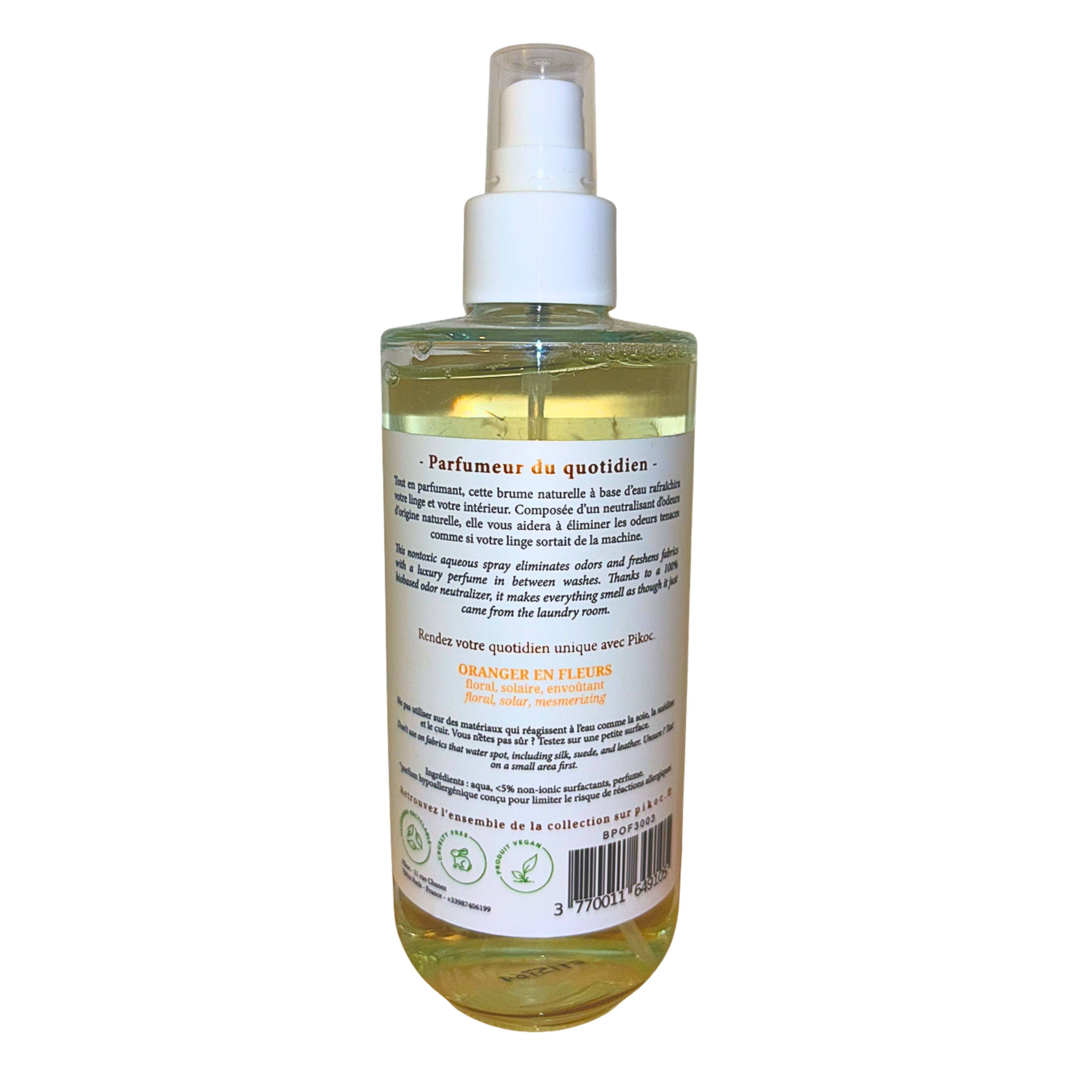 Détail réglementaire de la brume parfumée 200mL Pikoc Oranger en Fleurs