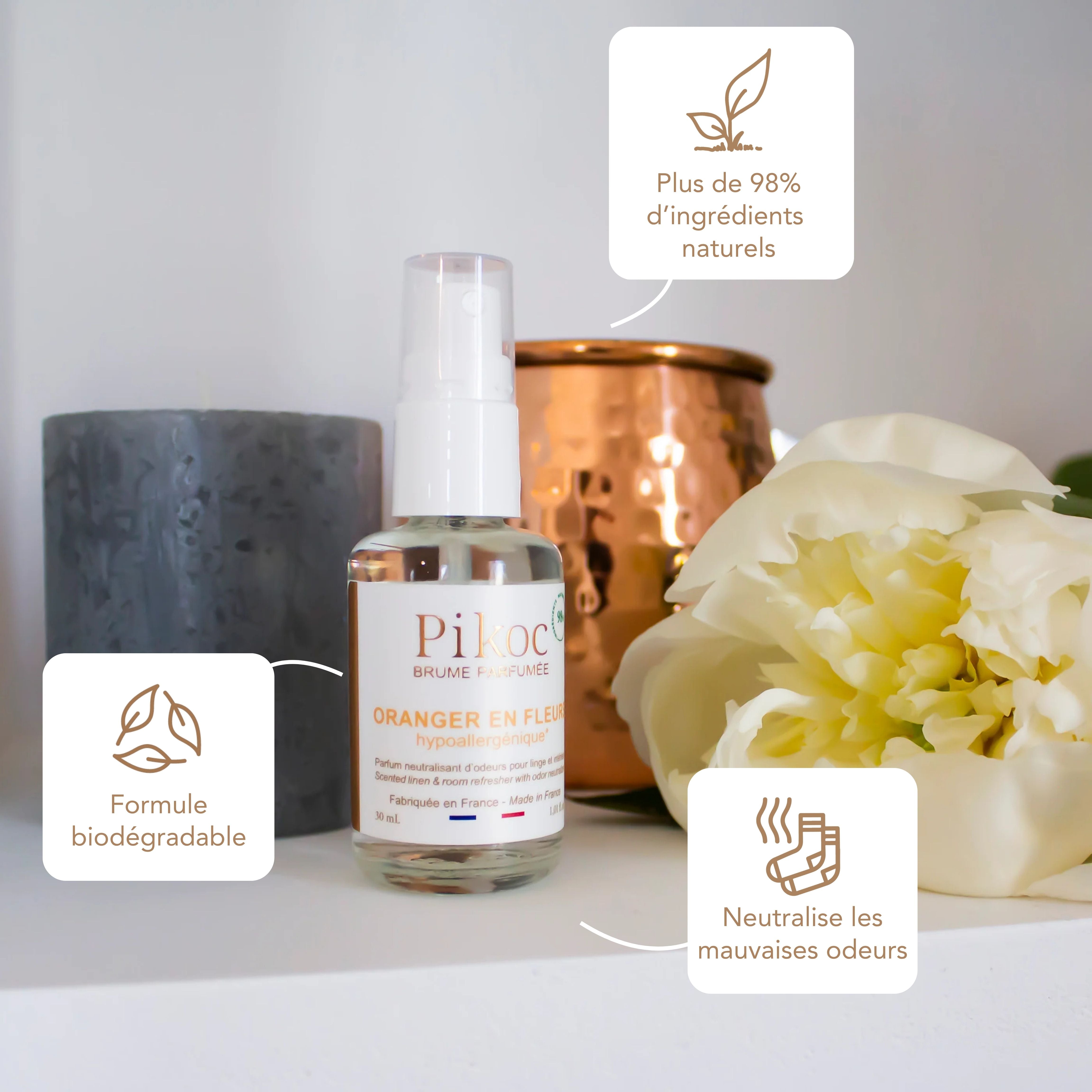 Brume Parfumée Pikoc Oranger en Fleurs, 30mL, origine naturelle, formule biodégradable, neutralise les mauvaises odeurs