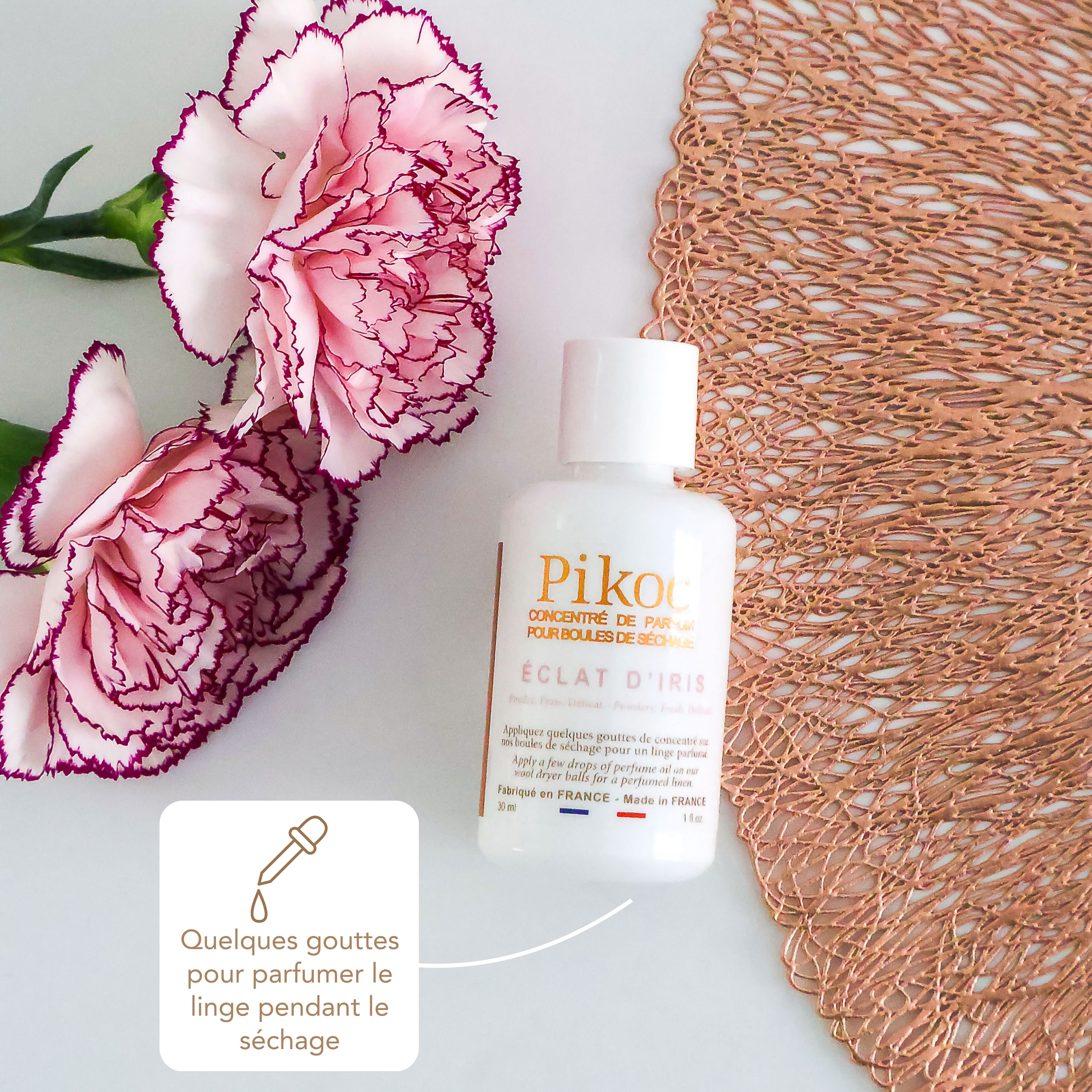 Concentré de parfum Pikoc Éclat d’Iris, 30mL, quelques gouttes suffisent pour parfumer le linge pendant le séchage