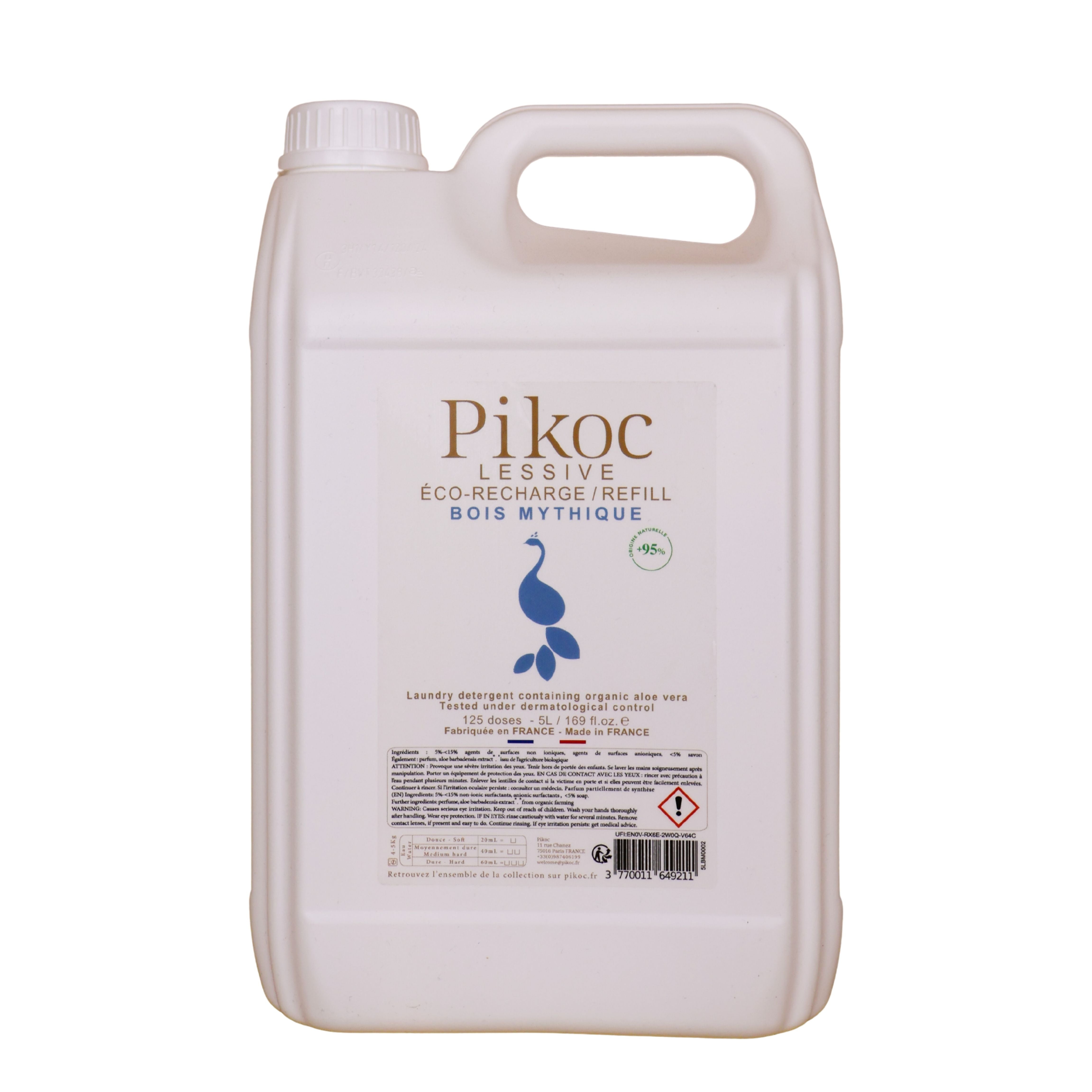 Détail réglementaire de l'Éco-recharge lessive 5L Pikoc Bois Mythique