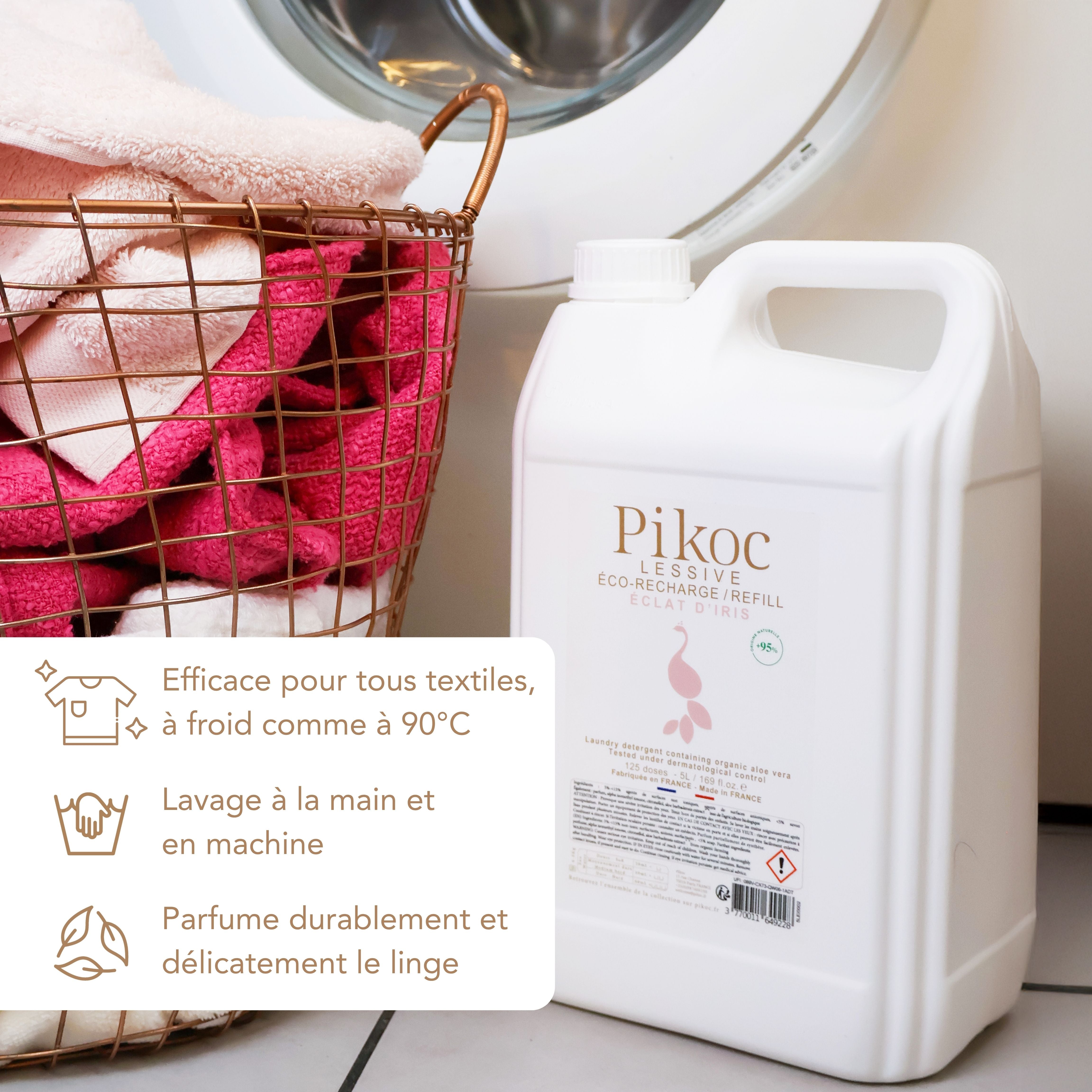 Éco-recharge Lessive Pikoc Éclat d’Iris, 5L, efficace pour tous textiles, à froid comme à 90°C, lavage à la main et en machine, parfume durablement et délicatement le linge