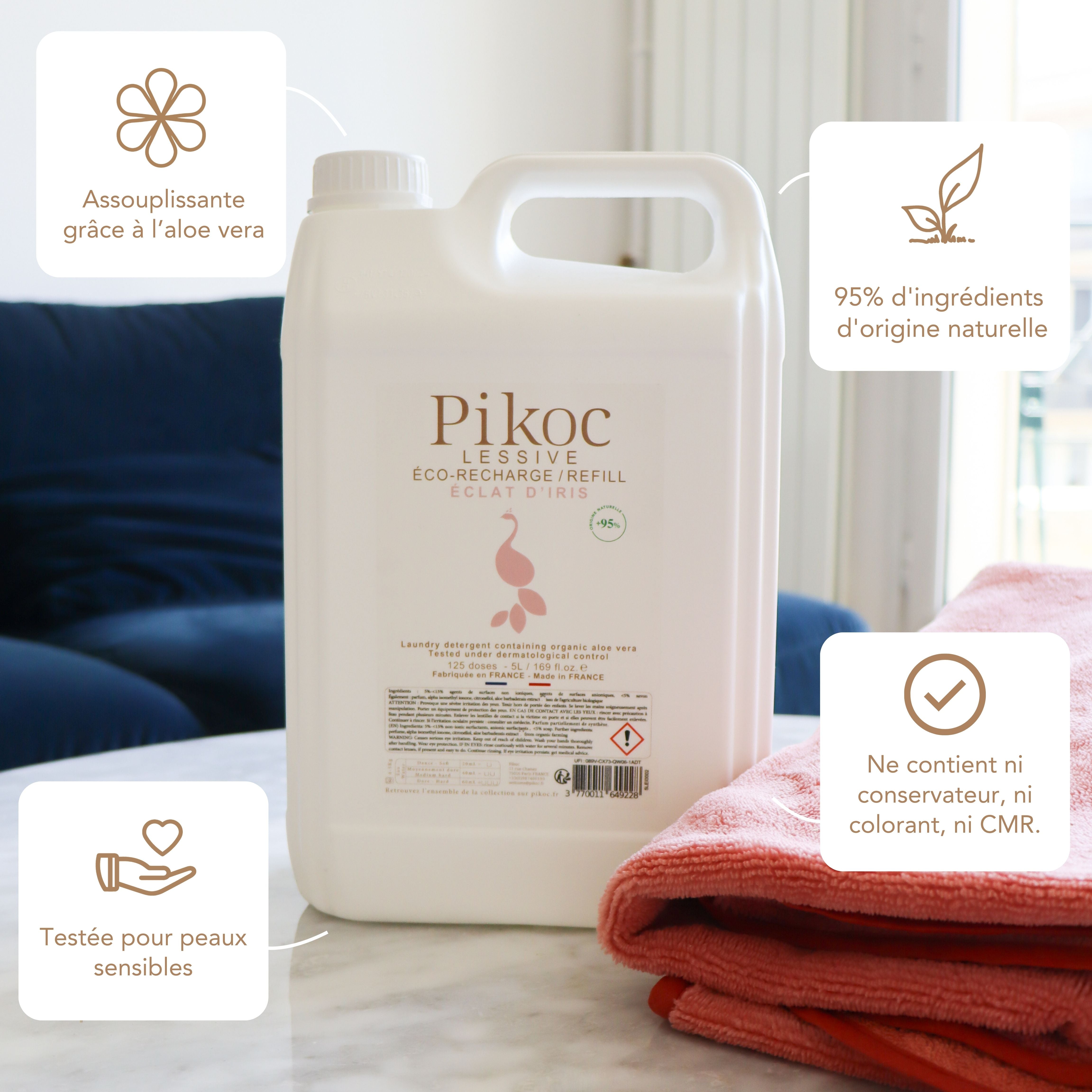 Éco-recharge Lessive Pikoc Éclat d’Iris, 5L, origine naturelle, assouplissante grâce à l’aloe vera, testée pour peaux sensible, sans produits controversés