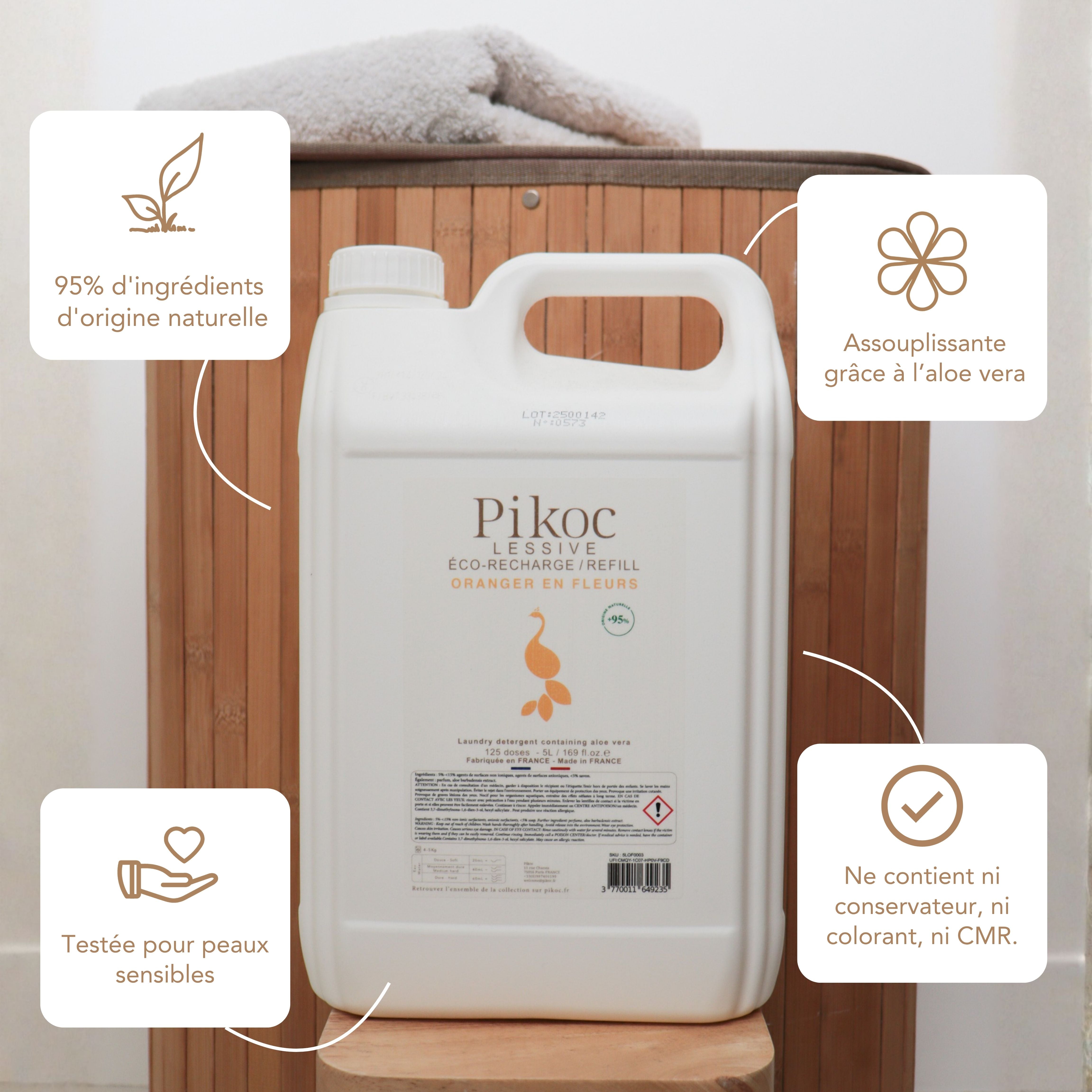 Éco-recharge Lessive Pikoc Oranger en Fleurs, 5L, origine naturelle, assouplissante grâce à l’aloe vera, testée pour peaux sensible, sans produits controversés