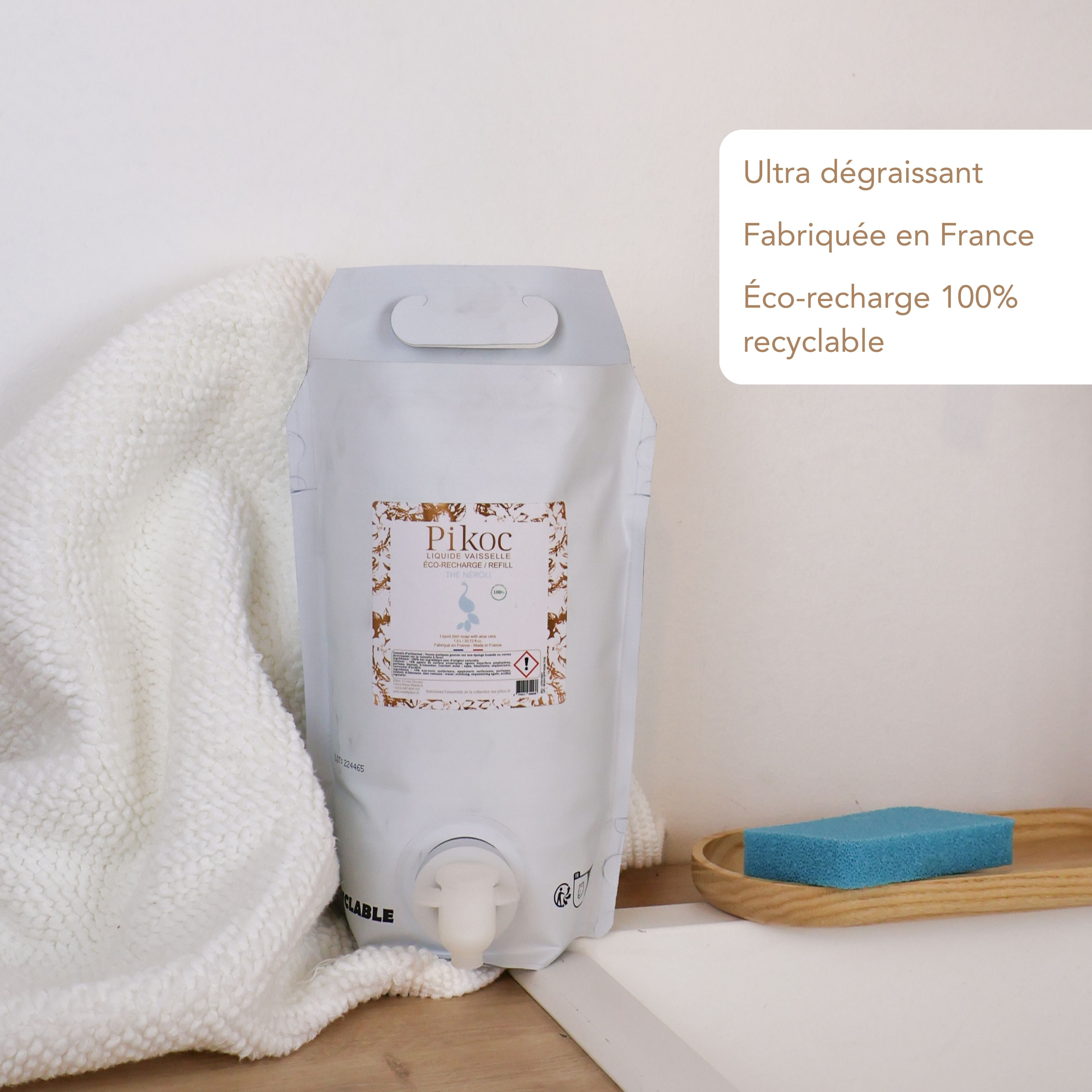 Éco-recharge Liquide vaisselle Pikoc Thé Néroli, 1,5L, ultra dégraissant, fabriquée en france, 100% recyclable