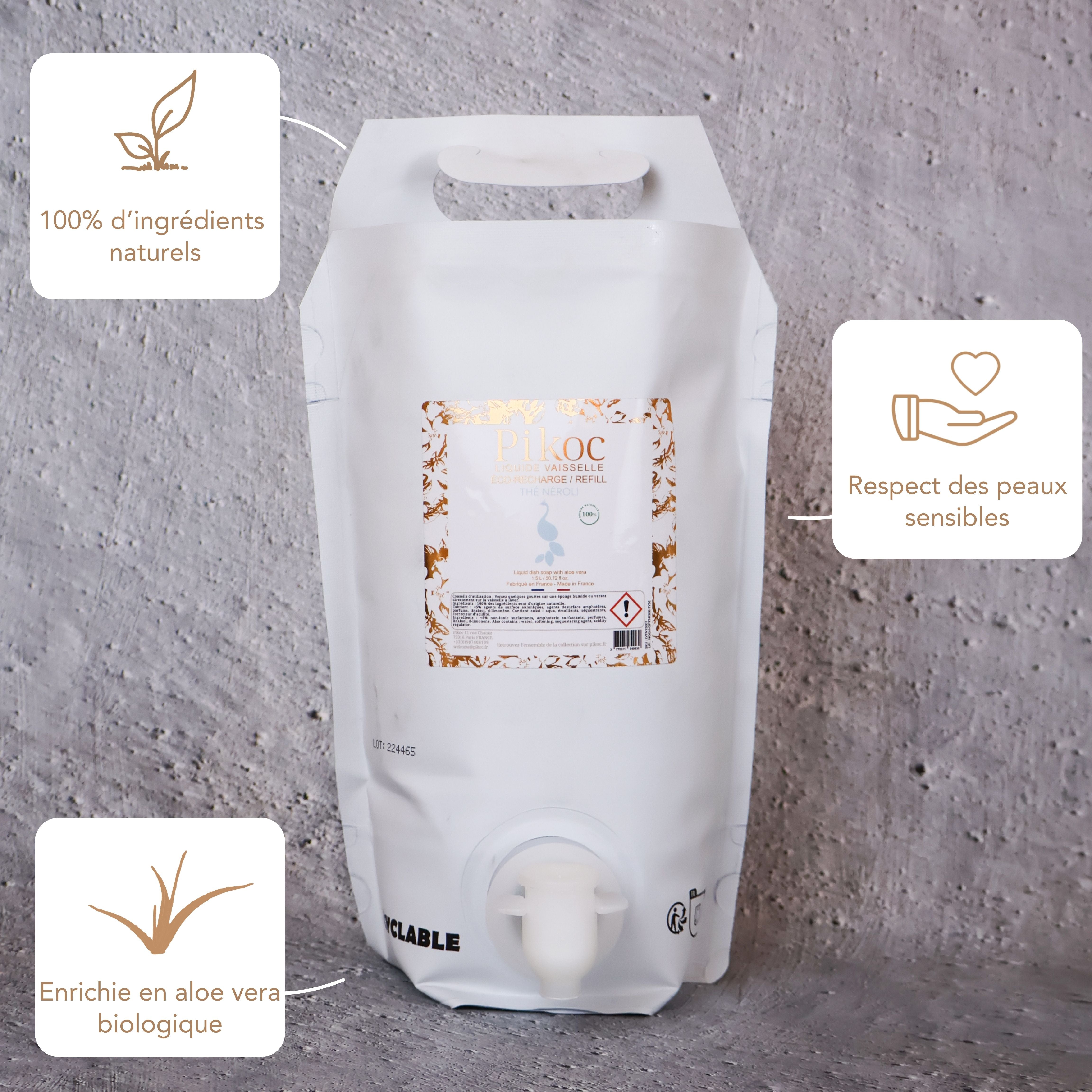 Éco-recharge Liquide vaisselle Pikoc Thé Néroli, 1,5L, ingrédients naturels, respecte les peaux sensibles, enrichie en aloe vera