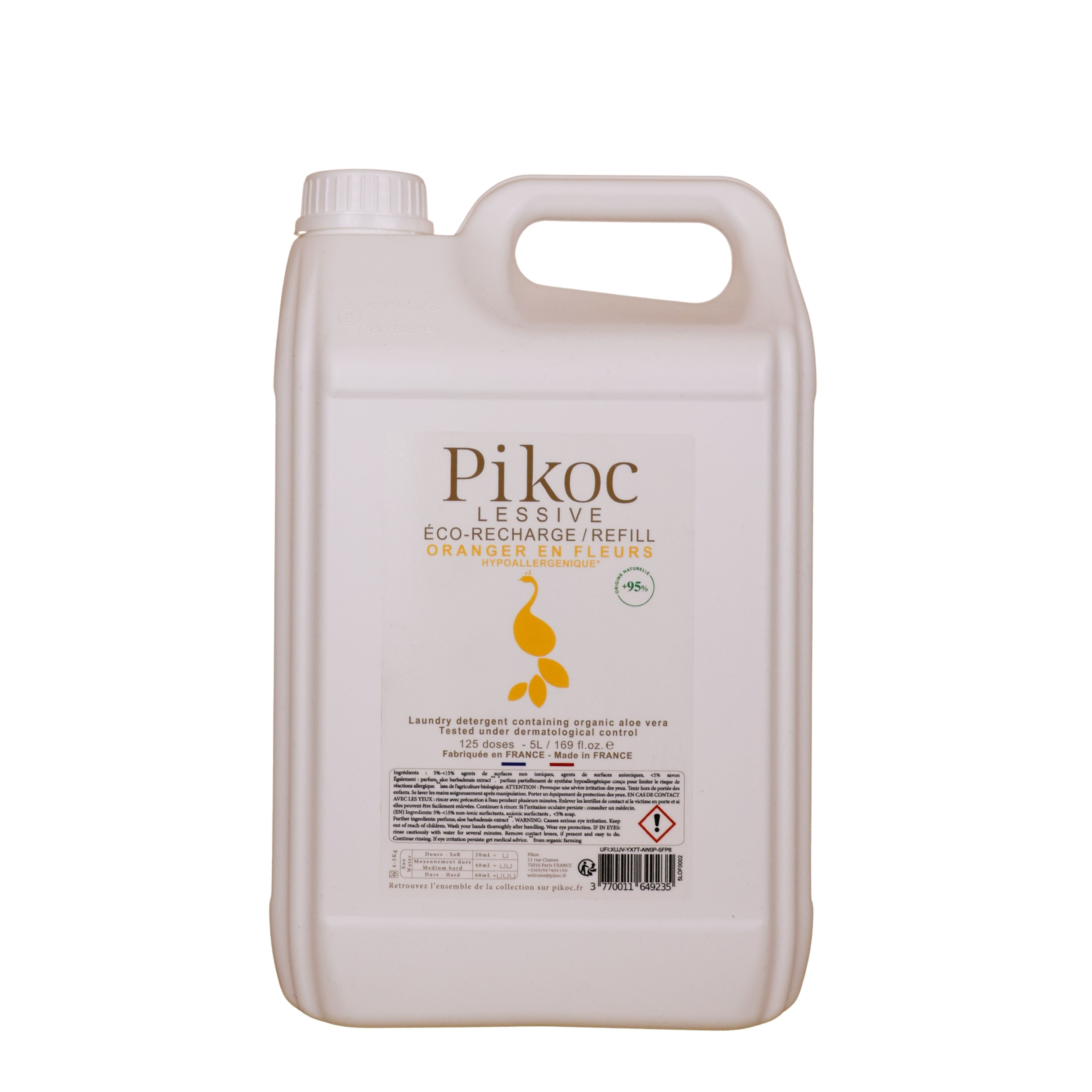 Détail réglementaire de l'Éco-recharge lessive 5L Pikoc Oranger en Fleurs