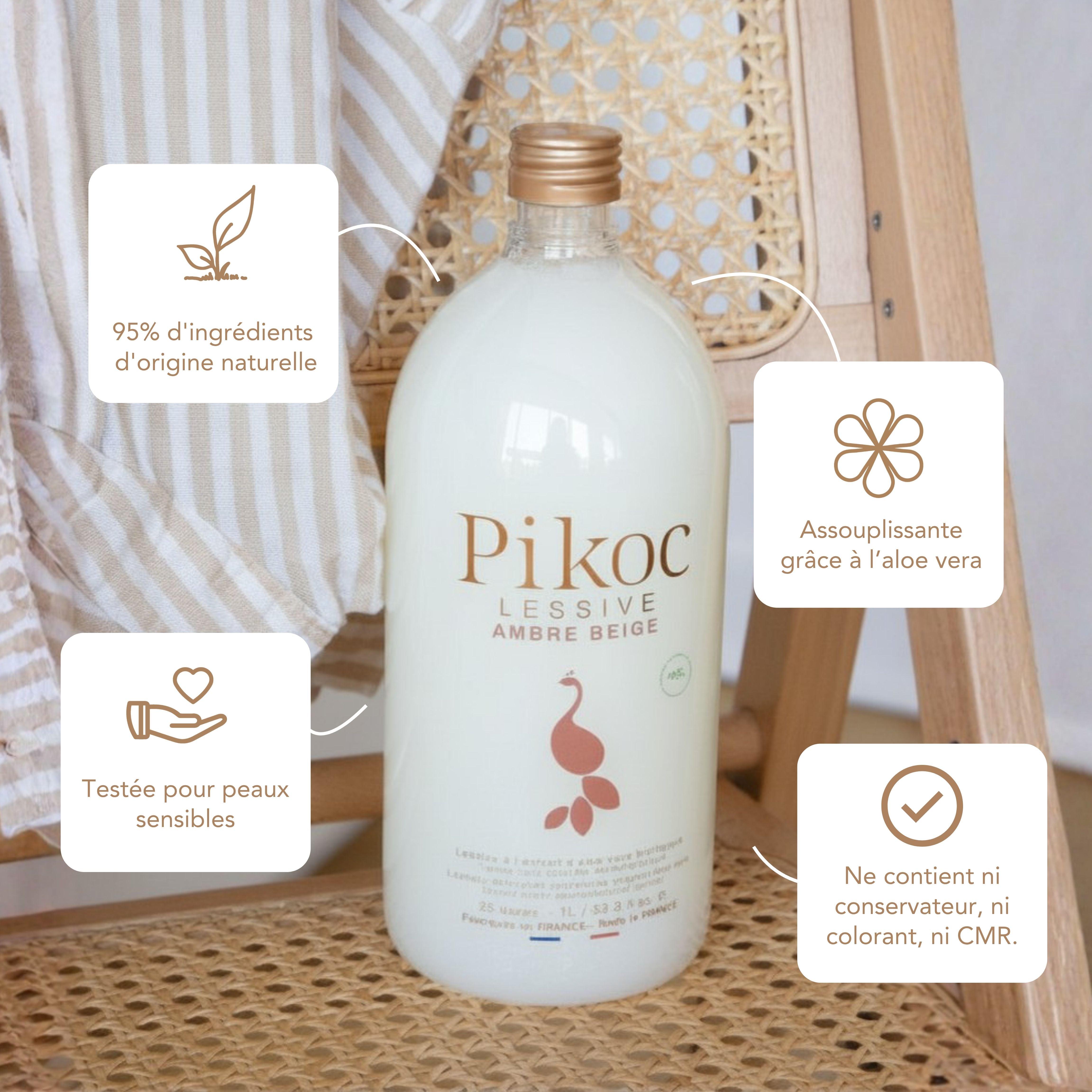 Lessive Pikoc Ambre Beige, 1L, origine naturelle, assouplissante grâce à l’aloe vera, testée pour peaux sensible, sans produits controversés