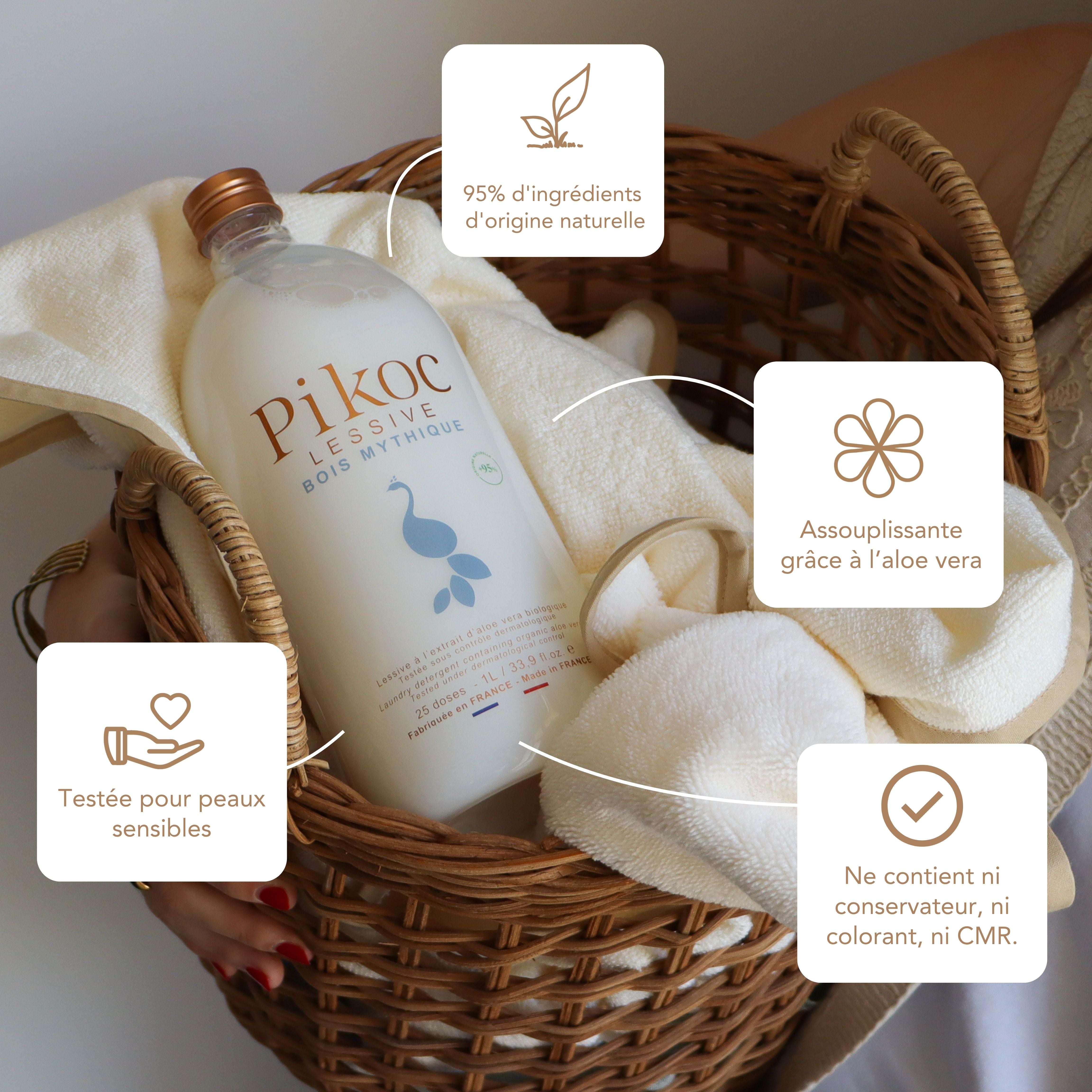 Lessive Pikoc Bois Mythique, 1L, origine naturelle, assouplissante grâce à l’aloe vera, testée pour peaux sensible, sans produits controversés