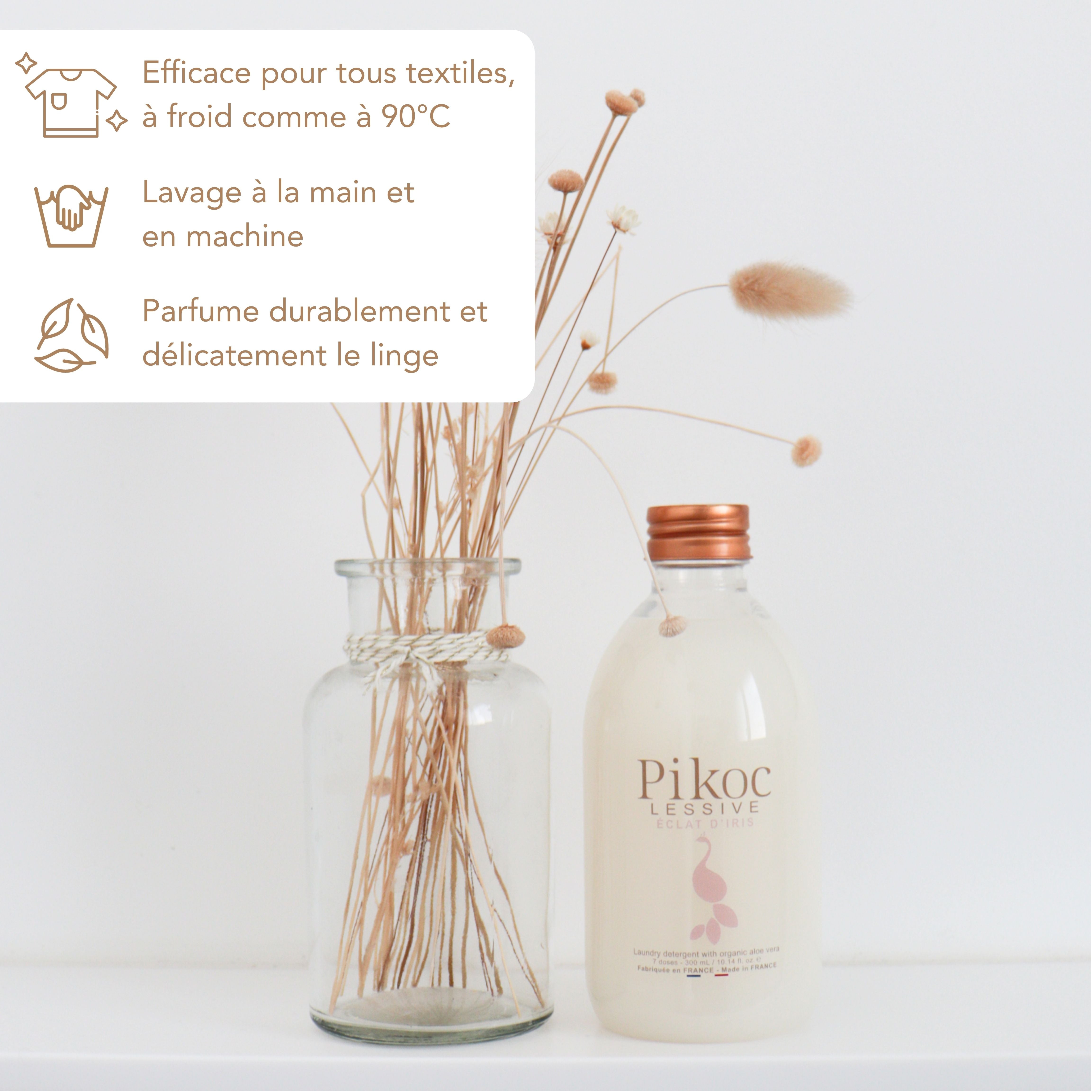 Lessive Pikoc Éclat d’Iris, 300mL, efficace pour tous textiles, à froid comme à 90°C, lavage à la main et en machine, parfume durablement et délicatement le linge