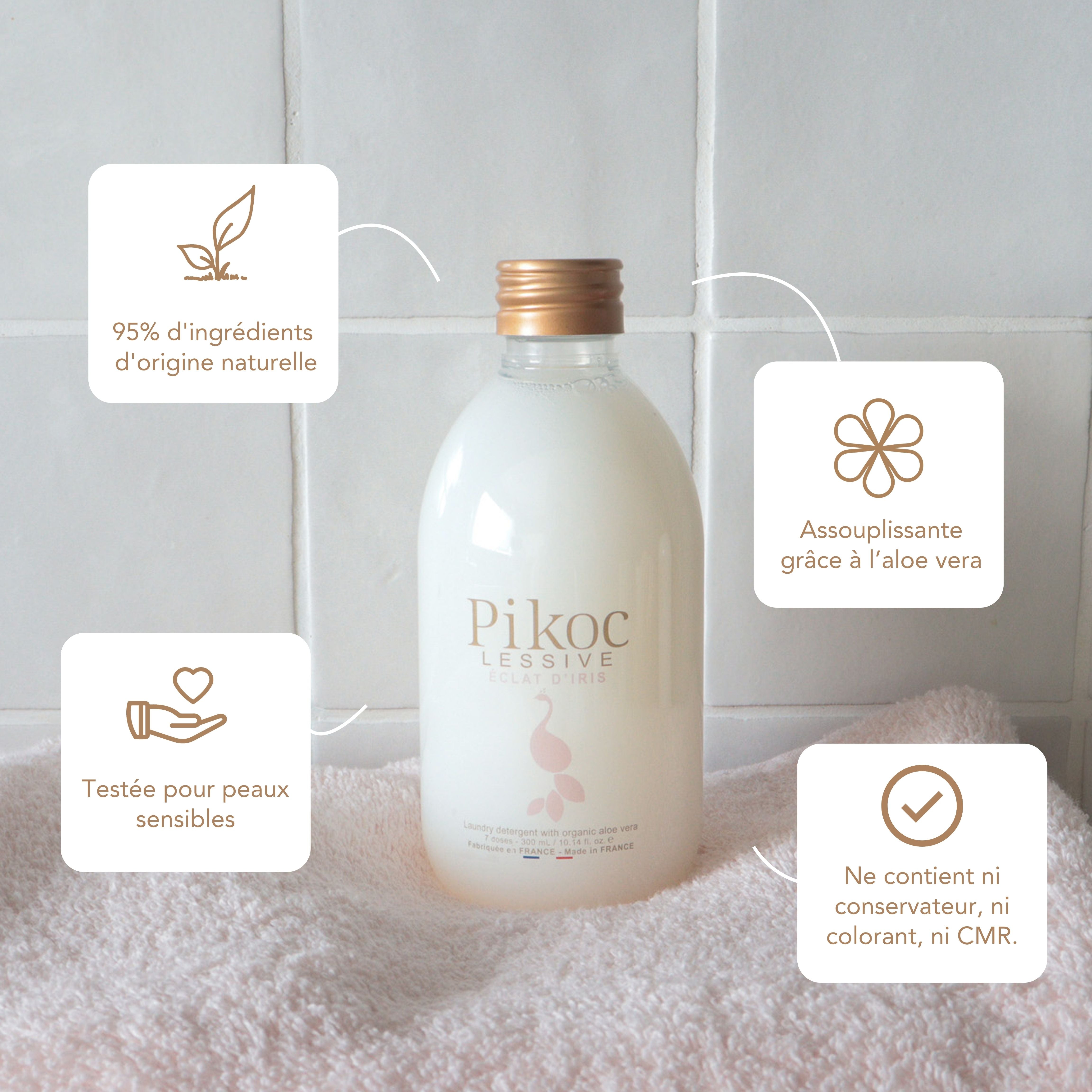 Lessive Pikoc Éclat d’Iris, 300mL, origine naturelle, assouplissante grâce à l’aloe vera, testée pour peaux sensible, sans produits controversés