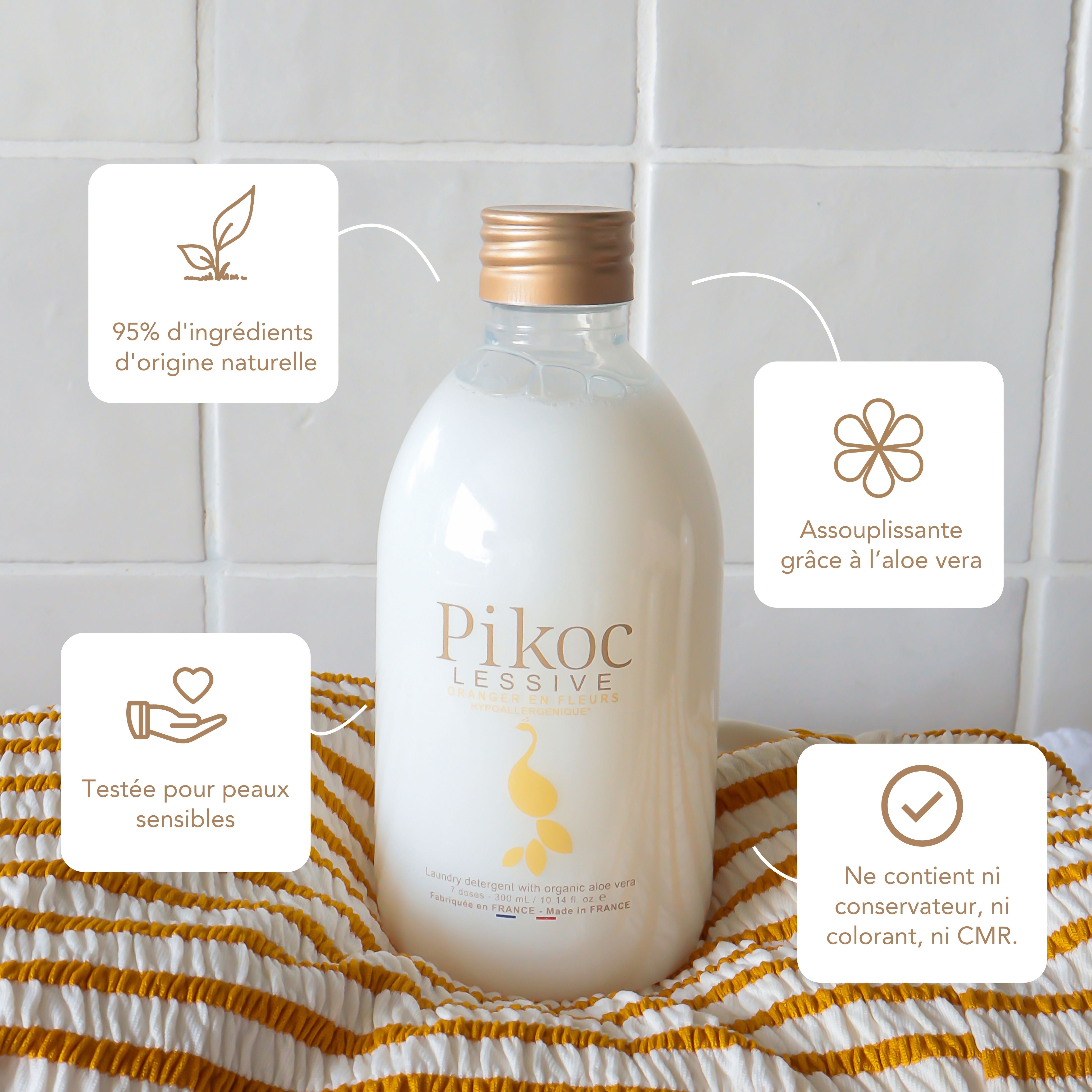 Lessive Pikoc Oranger en Fleurs, 300mL, origine naturelle, assouplissante grâce à l’aloe vera, testée pour peaux sensible, sans produits controversés