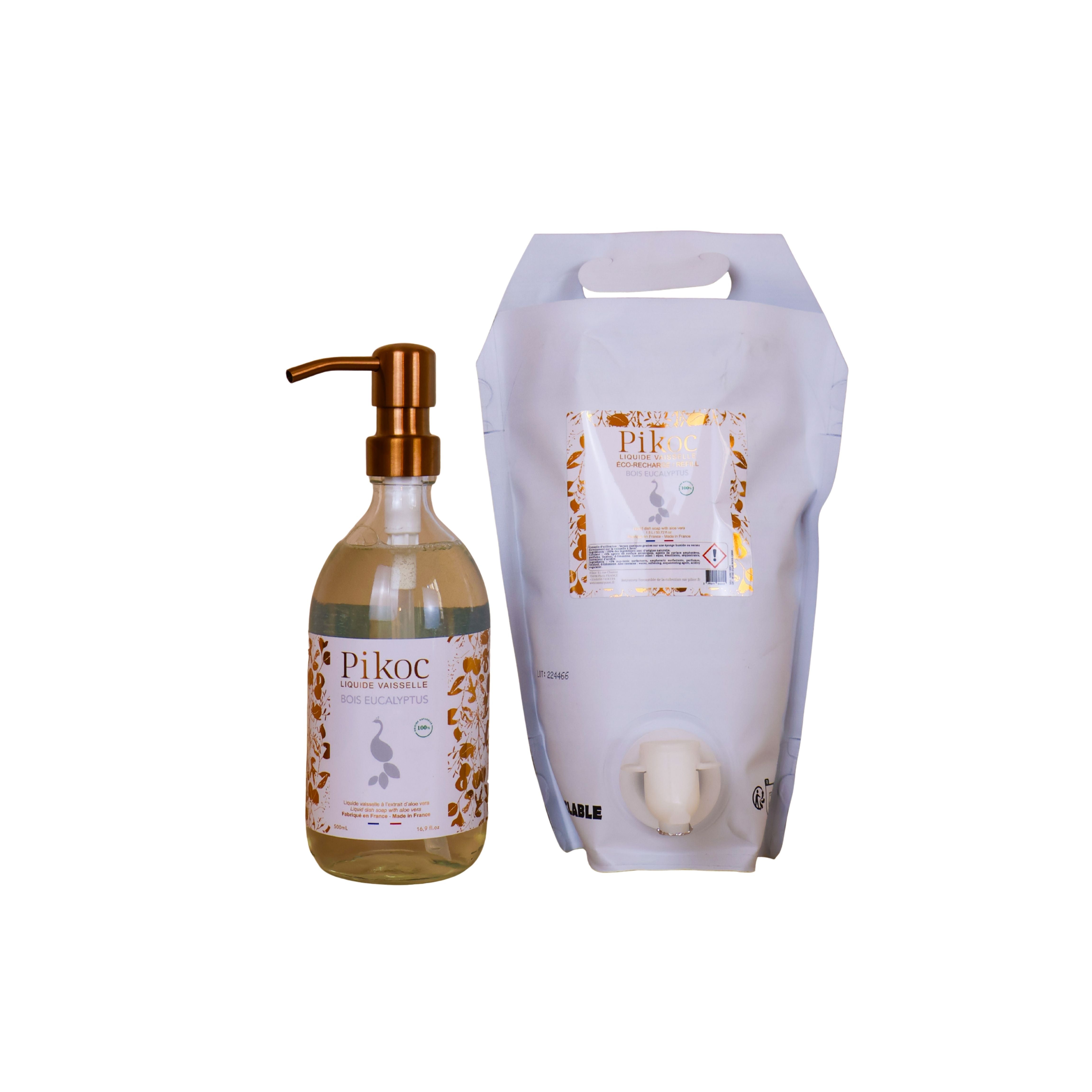 Détail réglementaire du liquide vaisselle et de l’Éco-recharge Pikoc Bois Eucalyptus