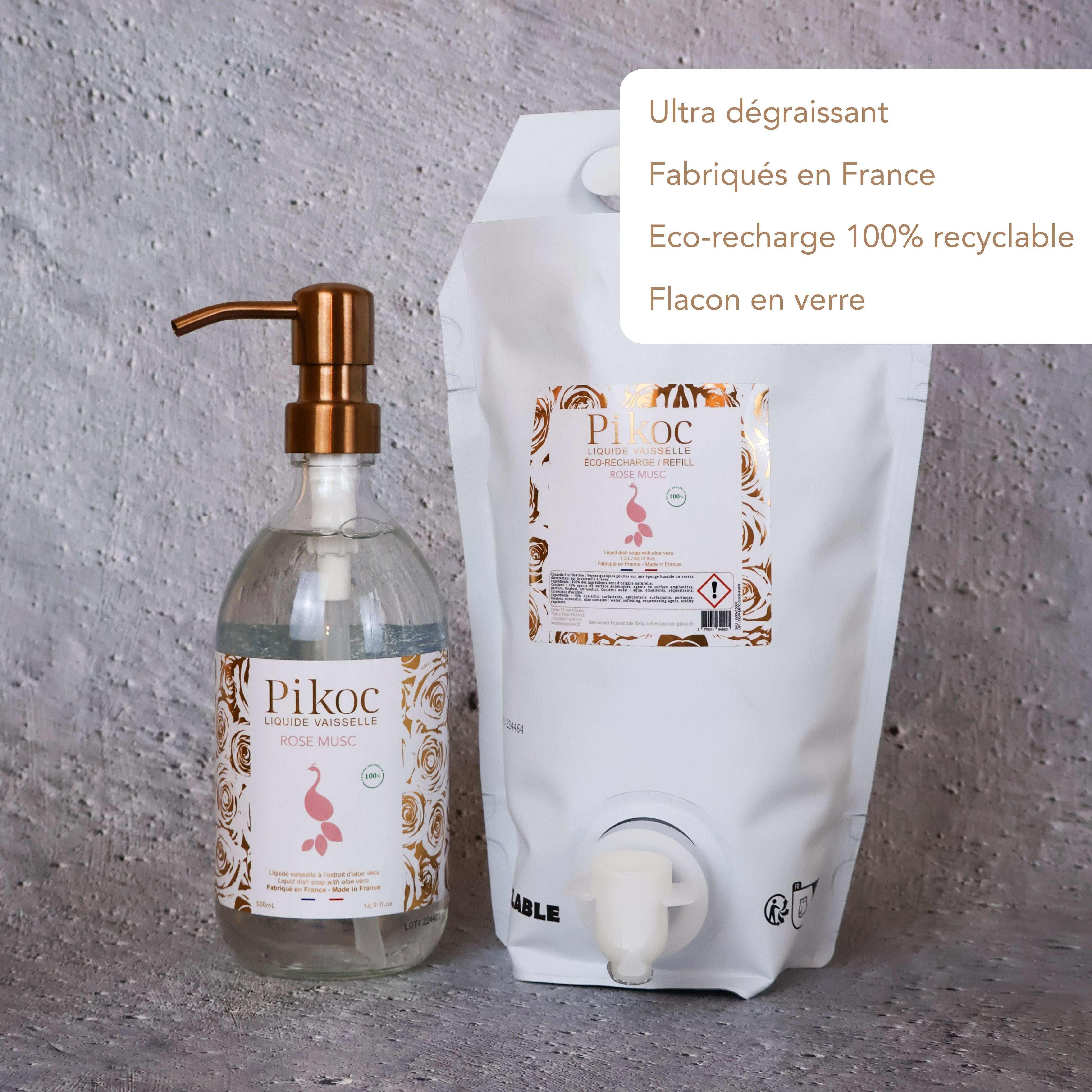 Liquide vaisselle et Éco-recharge Pikoc Rose Musc, 490mL et 1,5L, ultra dégraissant, fabriqués en France, Éco-recharge 100% recyclable, flacon en verre