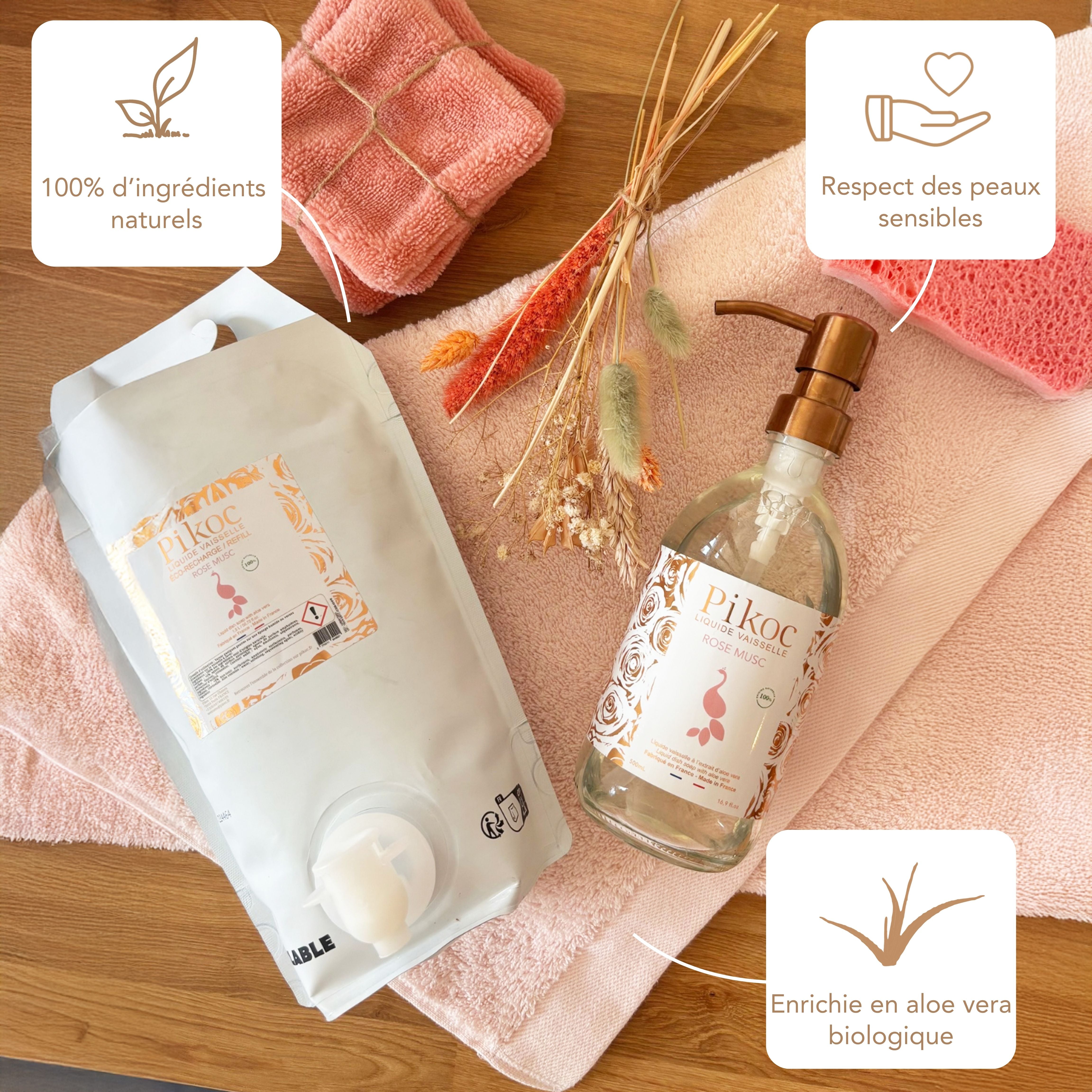 Liquide vaisselle et Éco-recharge Pikoc Rose Musc, 490mL et 1,5L, ingrédients naturels, respecte les peaux sensibles, enrichie en aloe vera