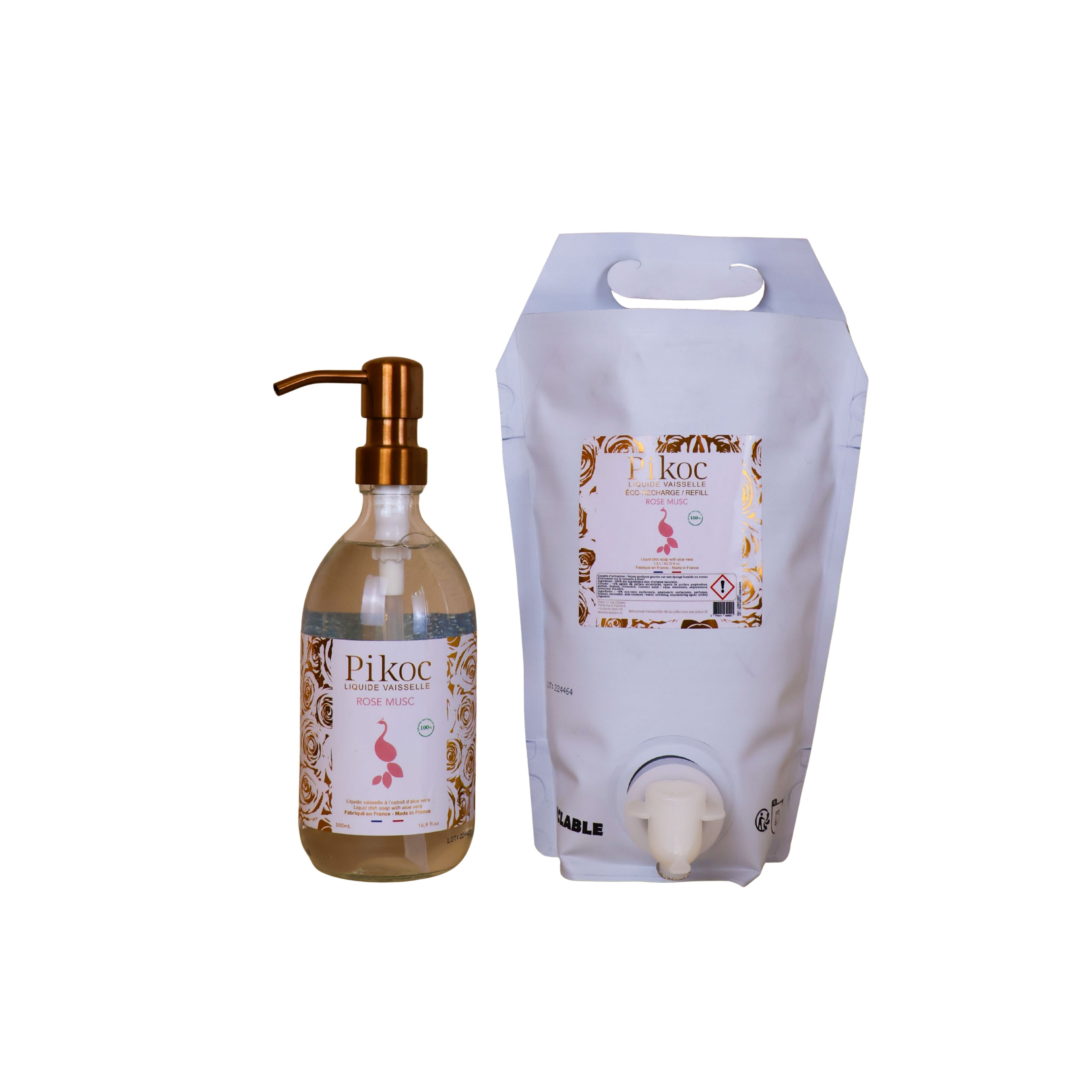 Détail réglementaire du liquide vaisselle et de l’Éco-recharge Pikoc Rose Musc