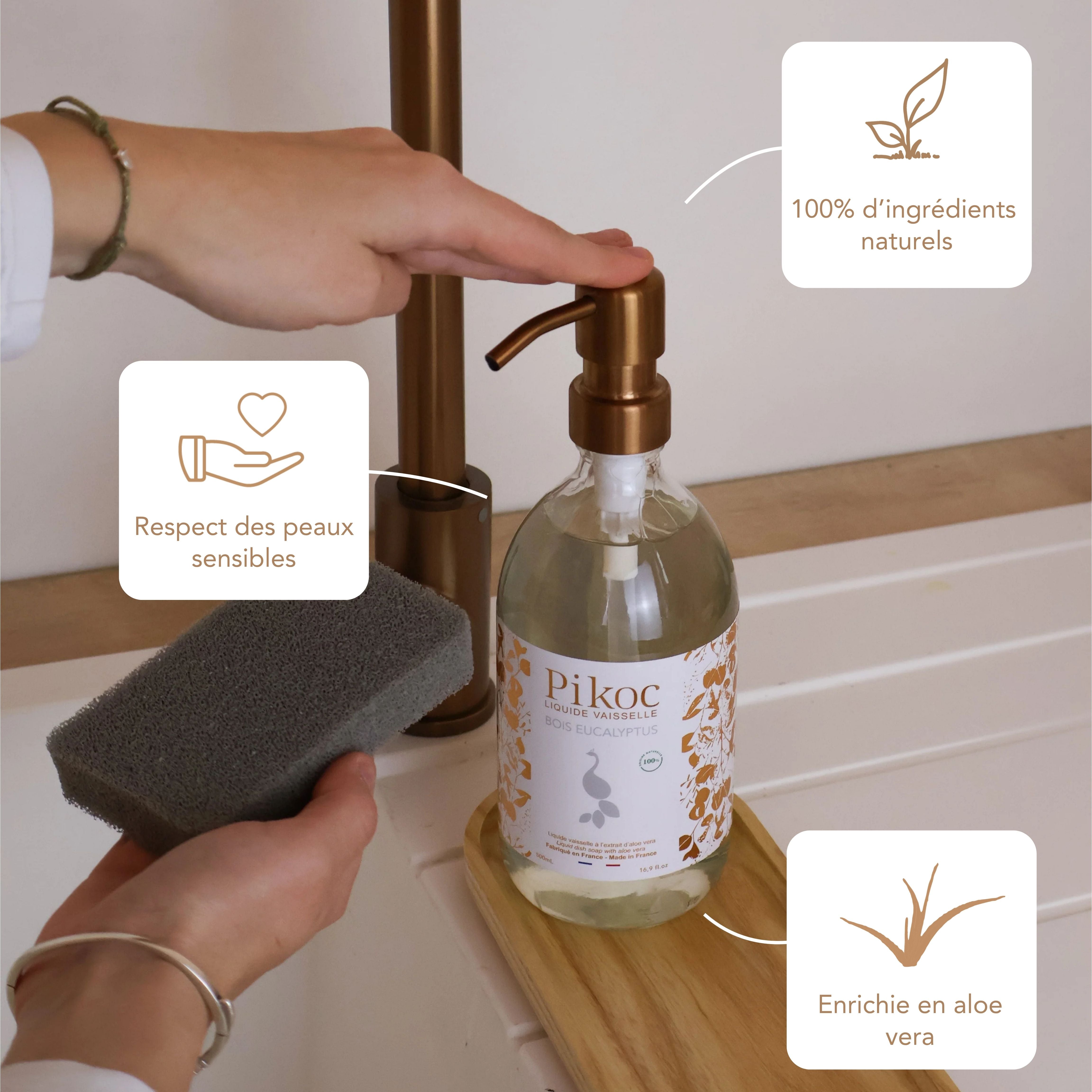 Liquide vaisselle Pikoc Bois Eucalyptus, 490mL, ingrédients naturels, respecte les peaux sensibles, enrichie en aloe vera