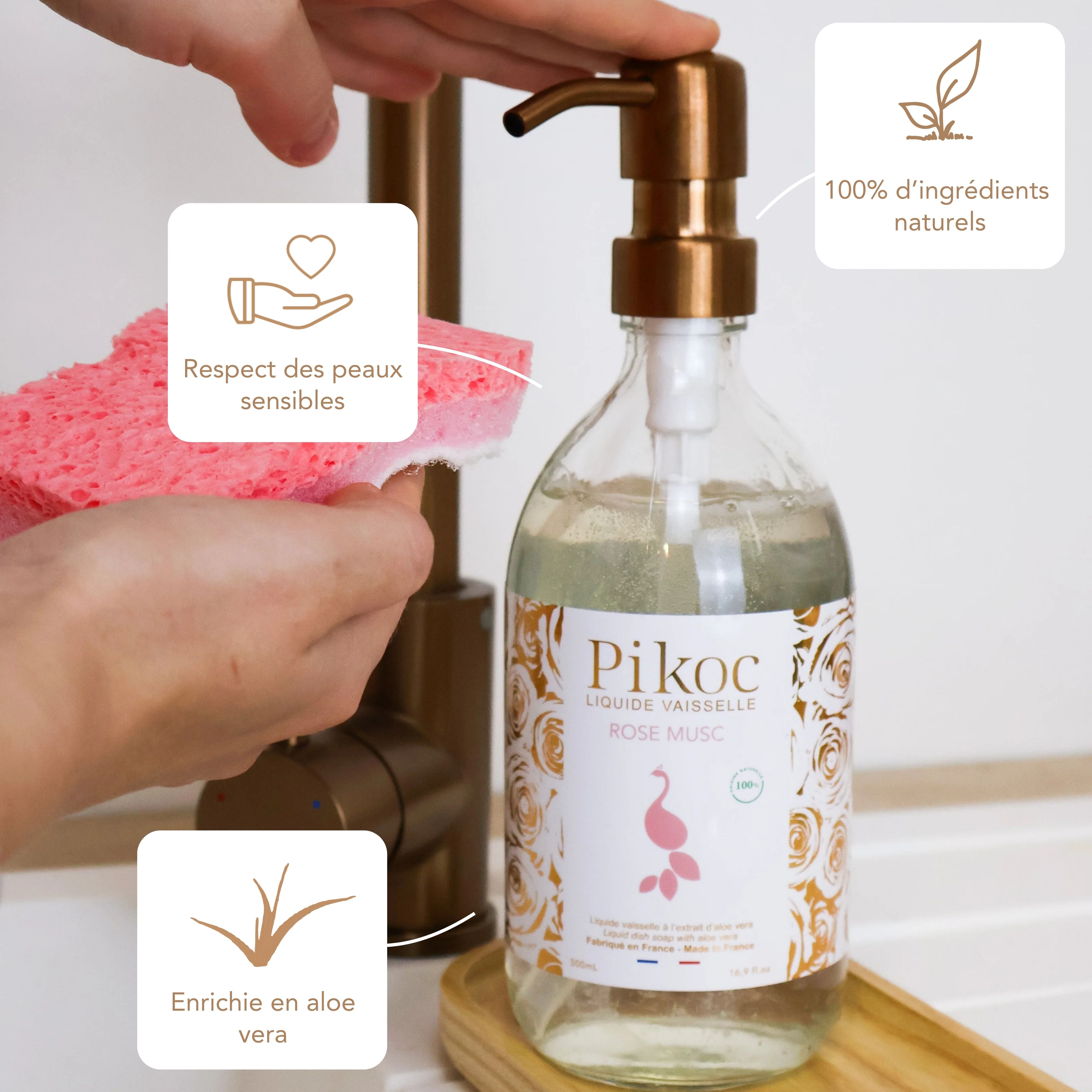 Liquide vaisselle Pikoc Rose Musc, 490mL, ingrédients naturels, respecte les peaux sensibles, enrichie en aloe vera