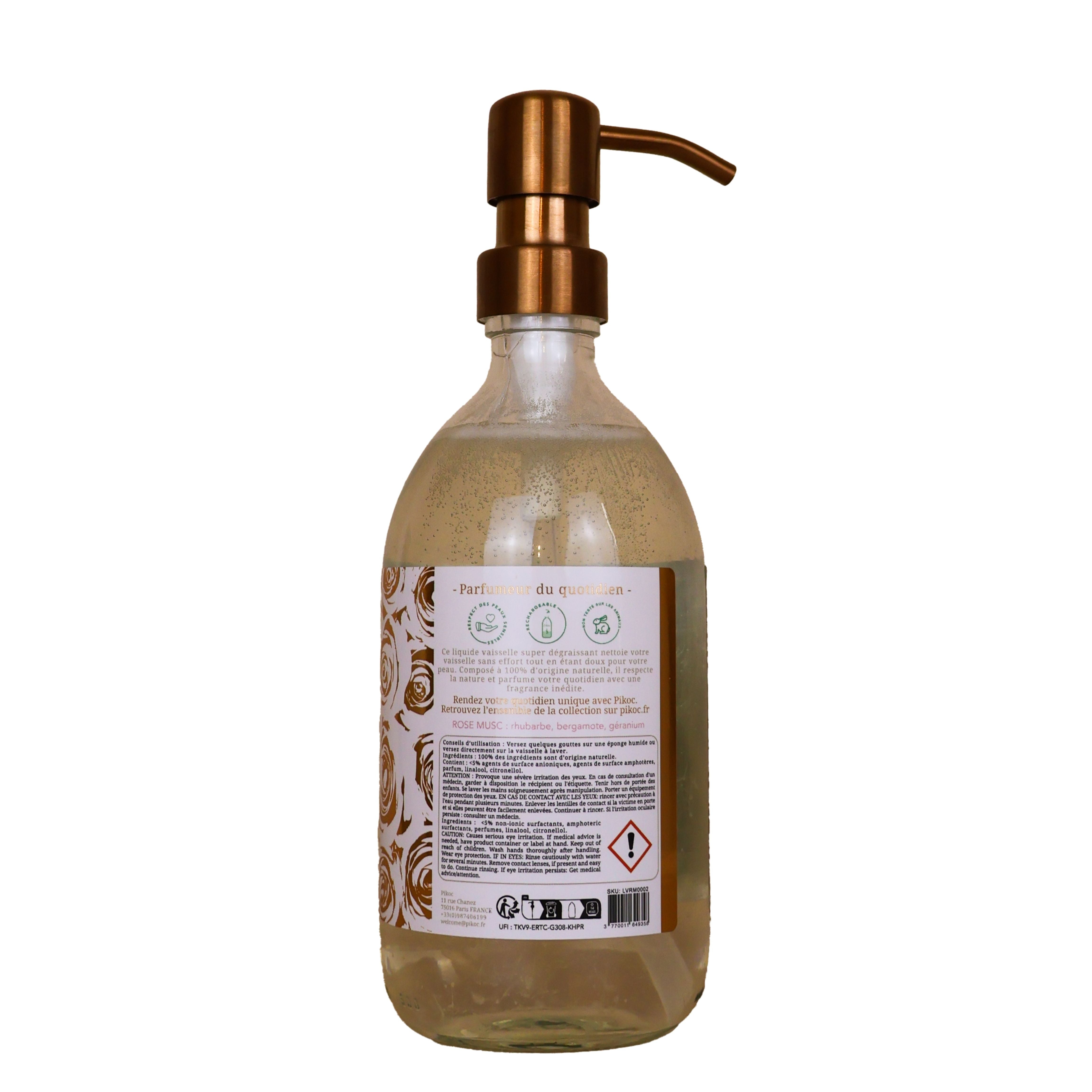Détail réglementaire du liquide vaisselle Pikoc Rose Musc