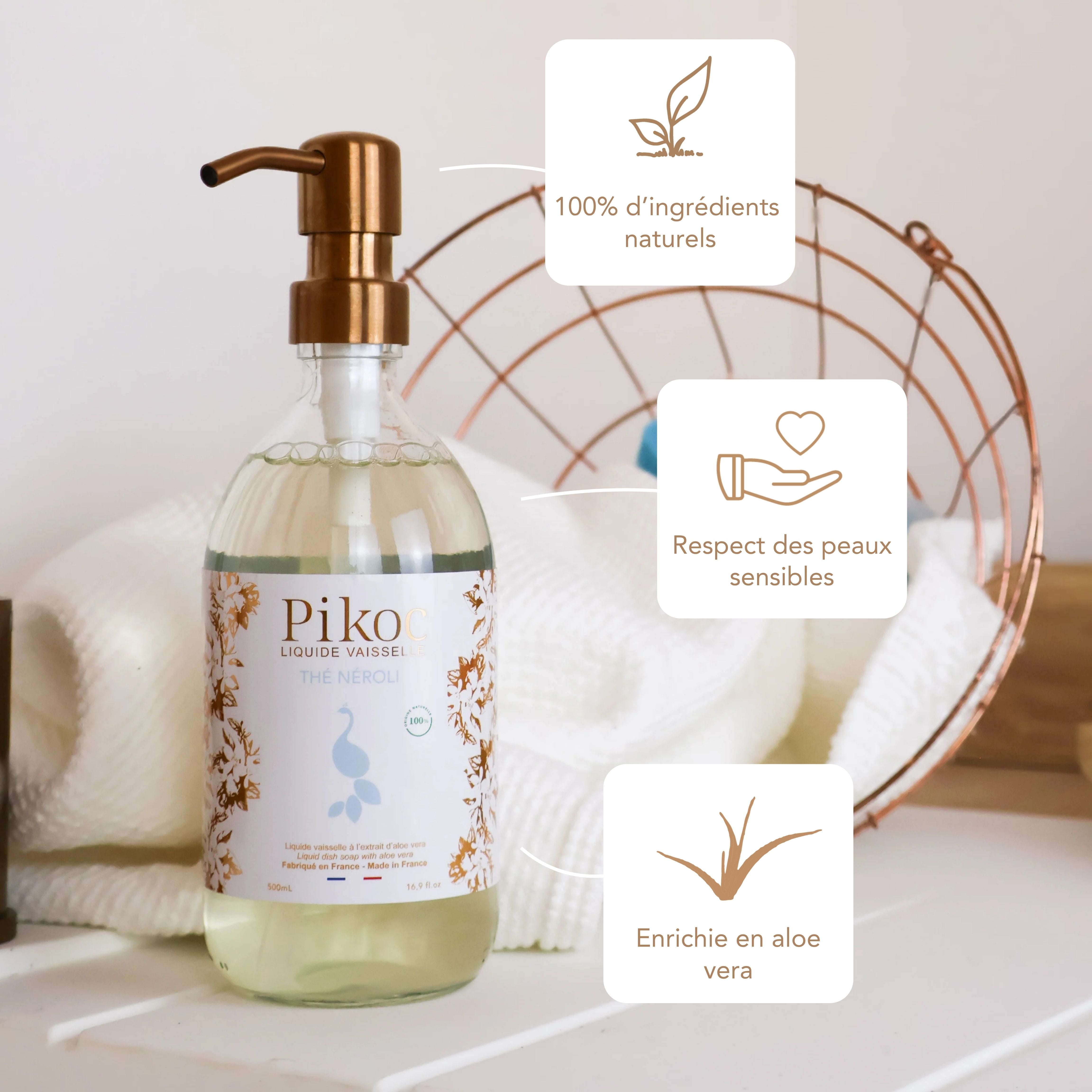 Liquide vaisselle Pikoc Thé Néroli, 490mL, ingrédients naturels, respecte les peaux sensibles, enrichie en aloe vera