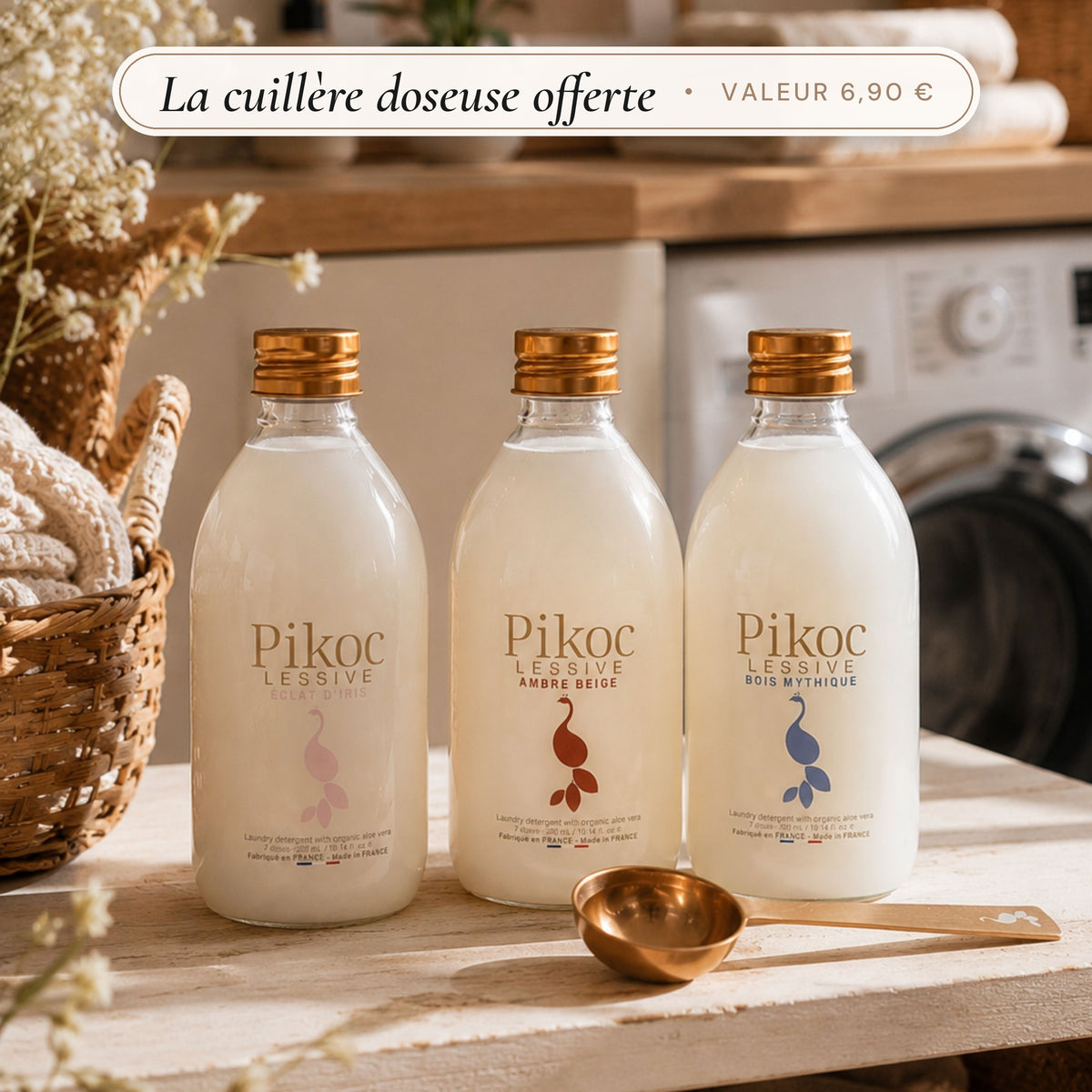 Offre découverte Pikoc : 3 lessives 300mL Éclat d'Iris, Ambre Beige, Bois Mythique et la cuillère doseuse offerte