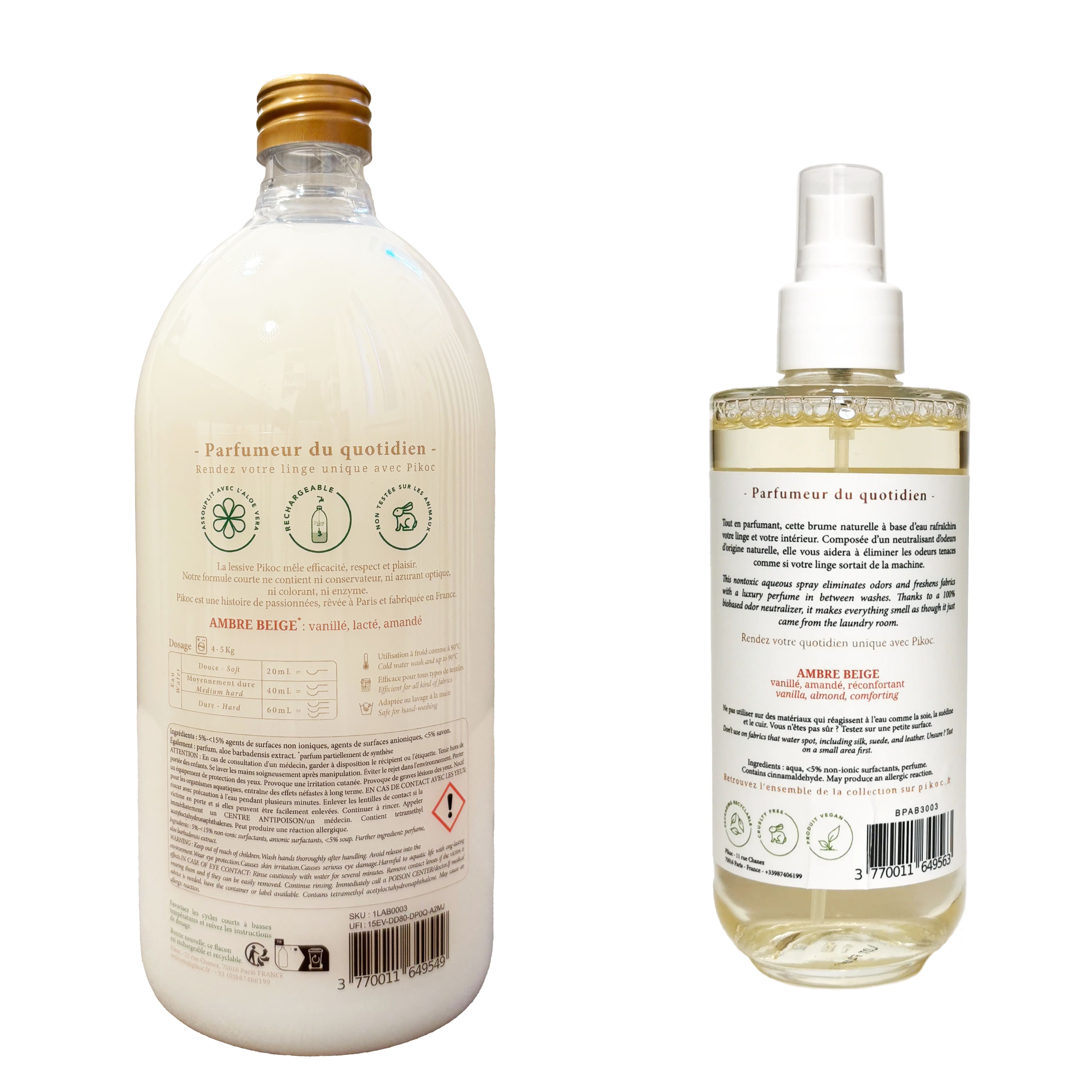 Détail réglementaire de la lessive 1L et de la brume parfumée 200mL Pikoc Ambre Beige