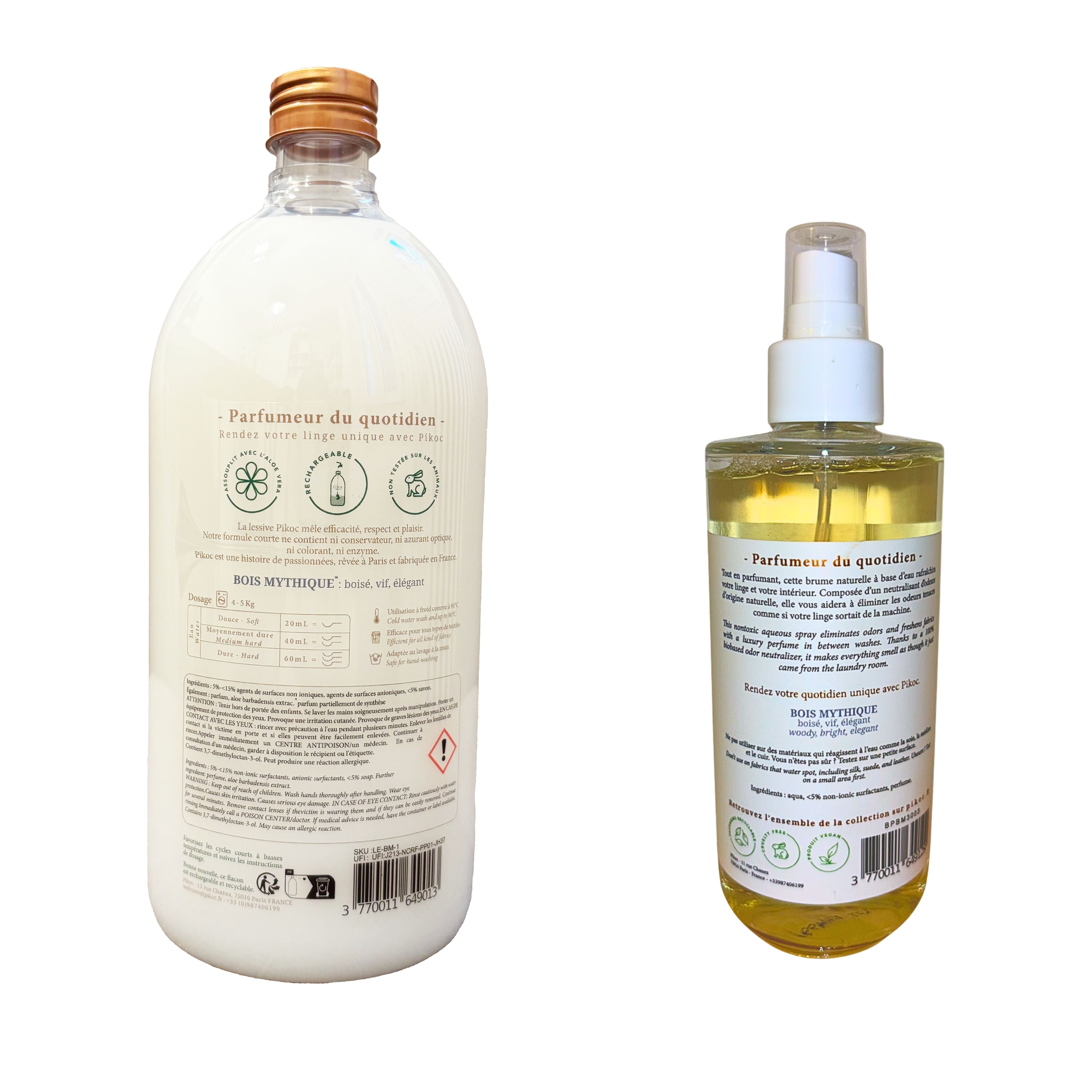 Détail réglementaire de la lessive 1L et de la brume parfumée 200mL Pikoc Bois Mythique