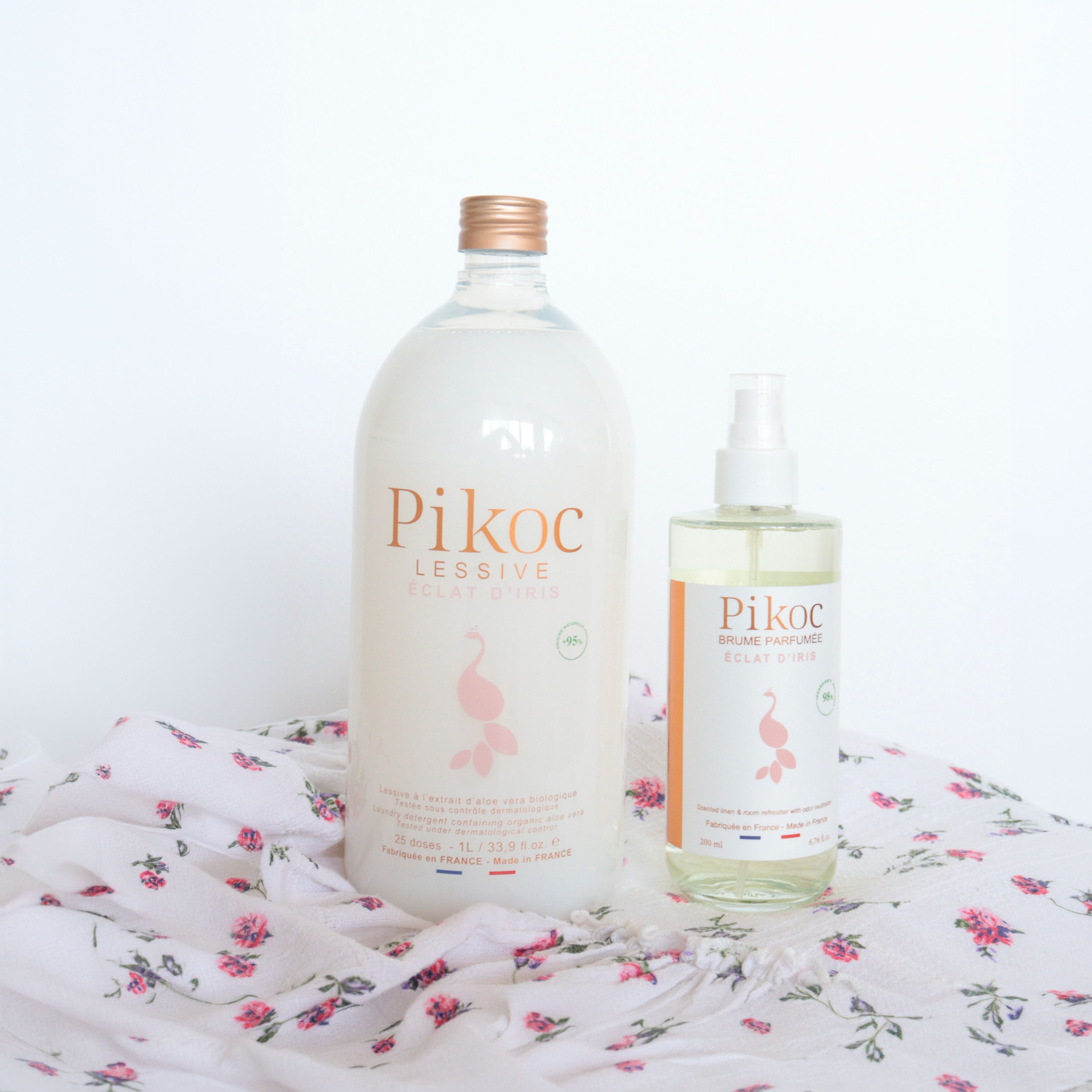 Offre duo Lessive 1L et Brume Parfumée 200mL Pikoc Éclat d’Iris, ambiance draps, décoration