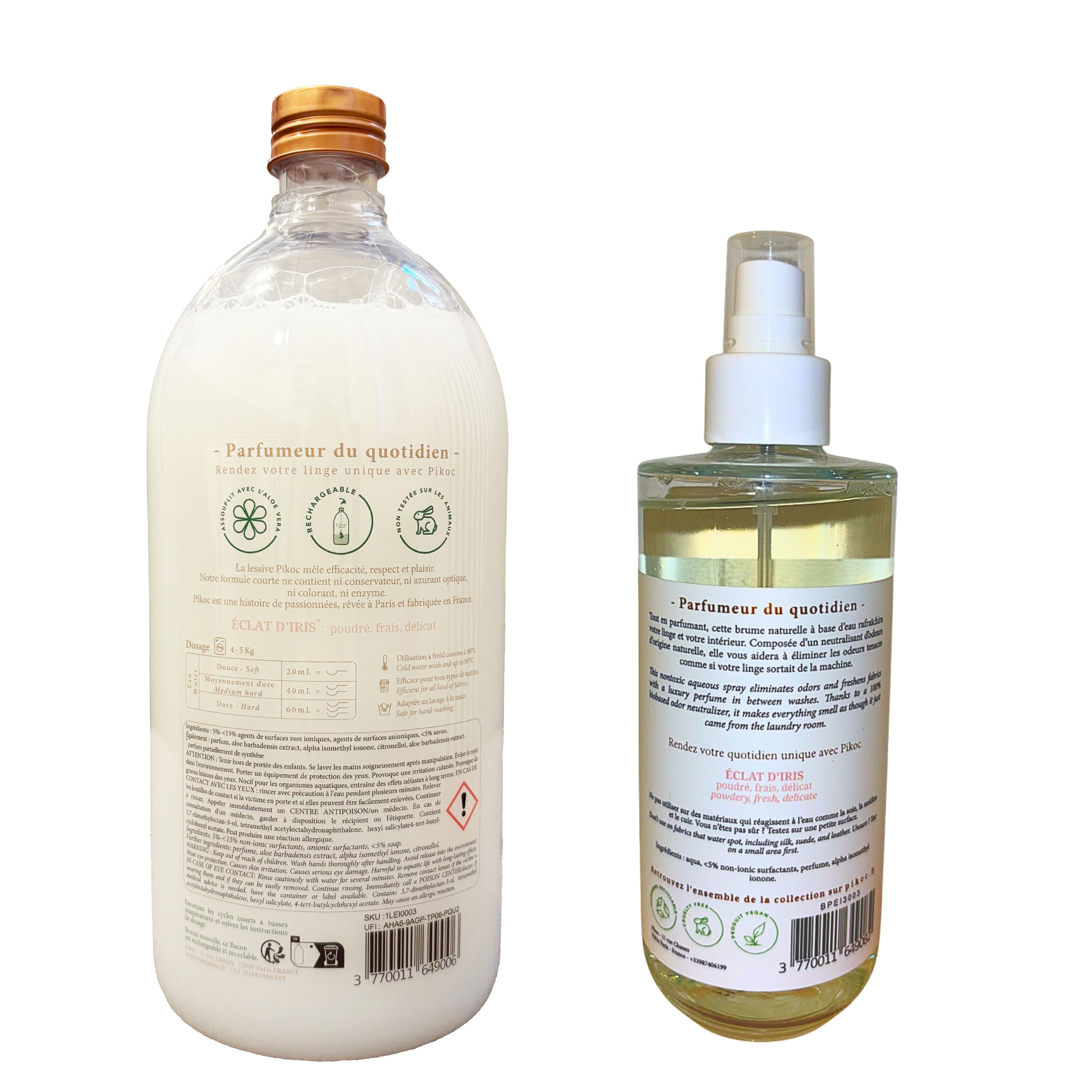 Détail réglementaire de la lessive 1L et de la brume parfumée 200mL Pikoc Éclat d’Iris