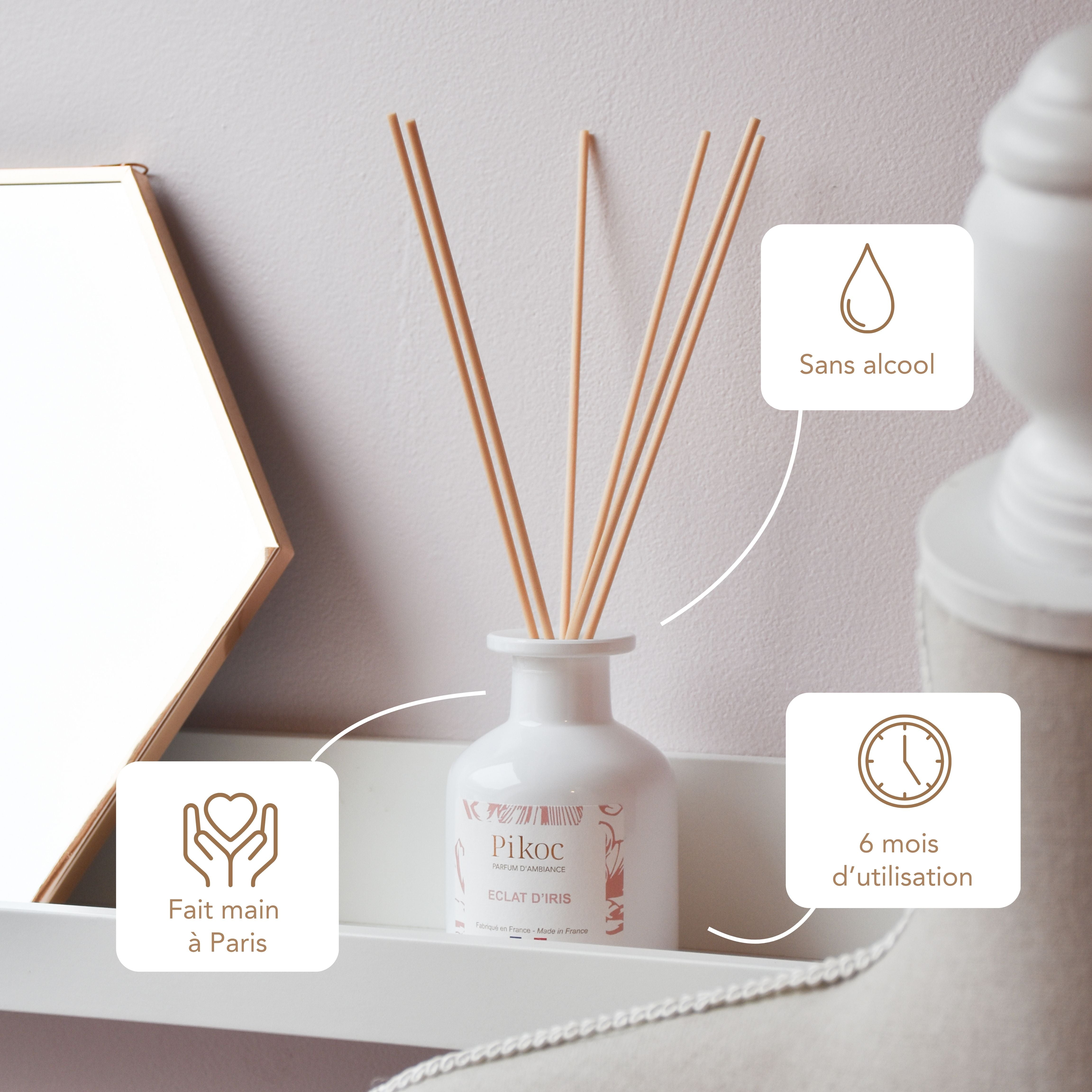 Parfum d’ambiance Pikoc Éclat d’Iris, 150mL, sans alcool, fait main à Paris, 6 mois d’utilisation