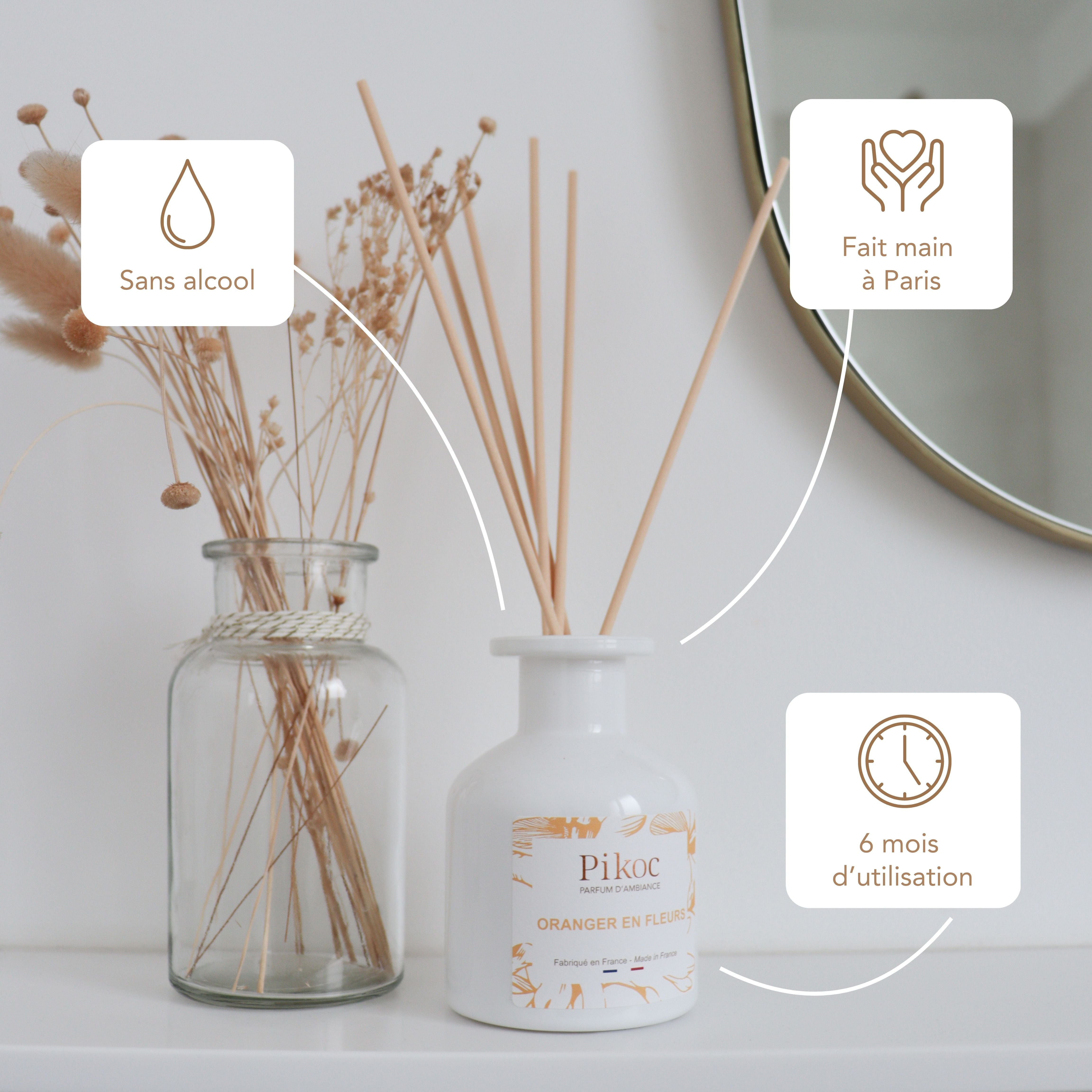 Parfum d’ambiance Pikoc Oranger en Fleurs, 150mL, sans alcool, fait main à Paris, 6 mois d’utilisation