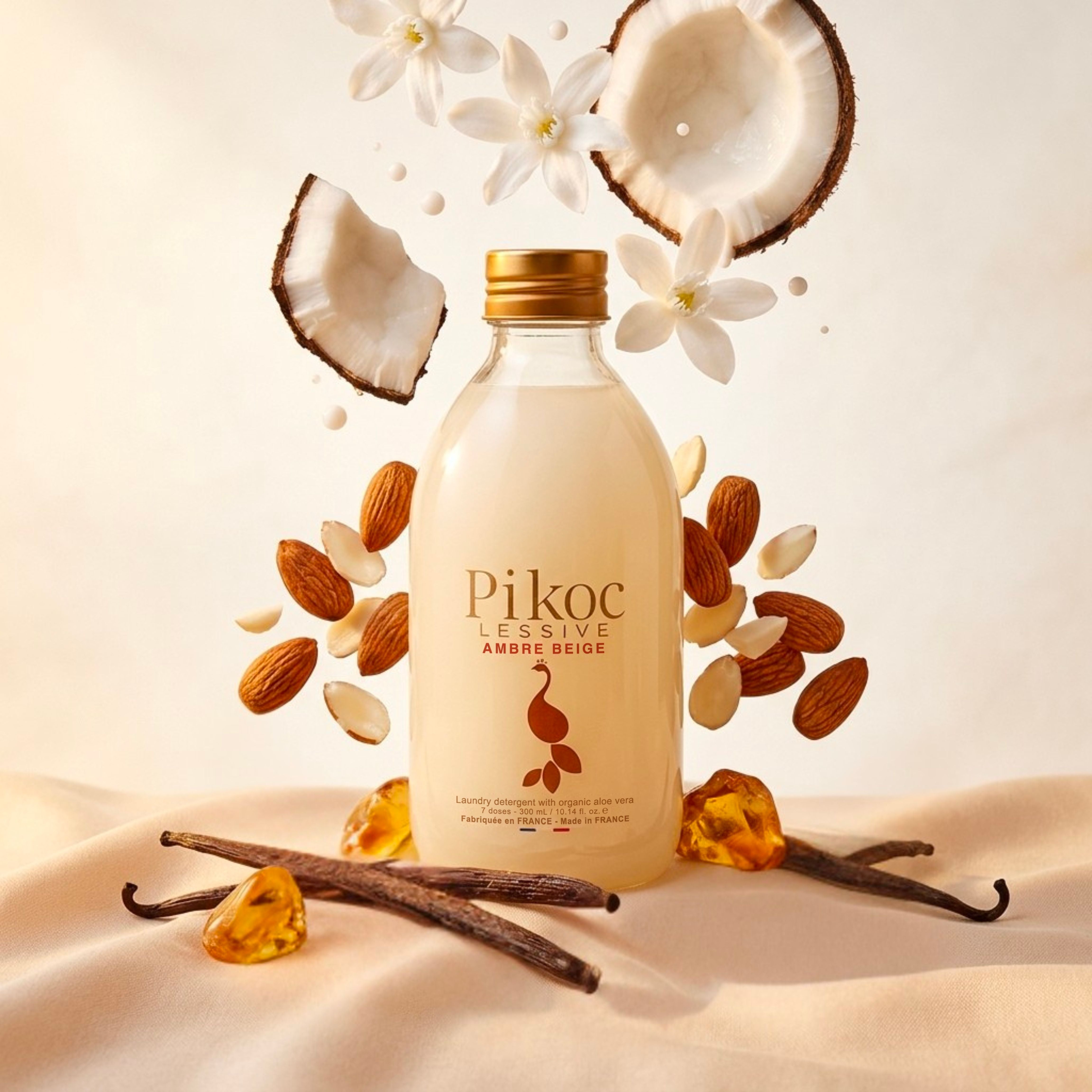 Lessive Pikoc Ambre Beige, 300mL, pyramide olfactive avec ingrédients, notes de fond, de tête et de coeur