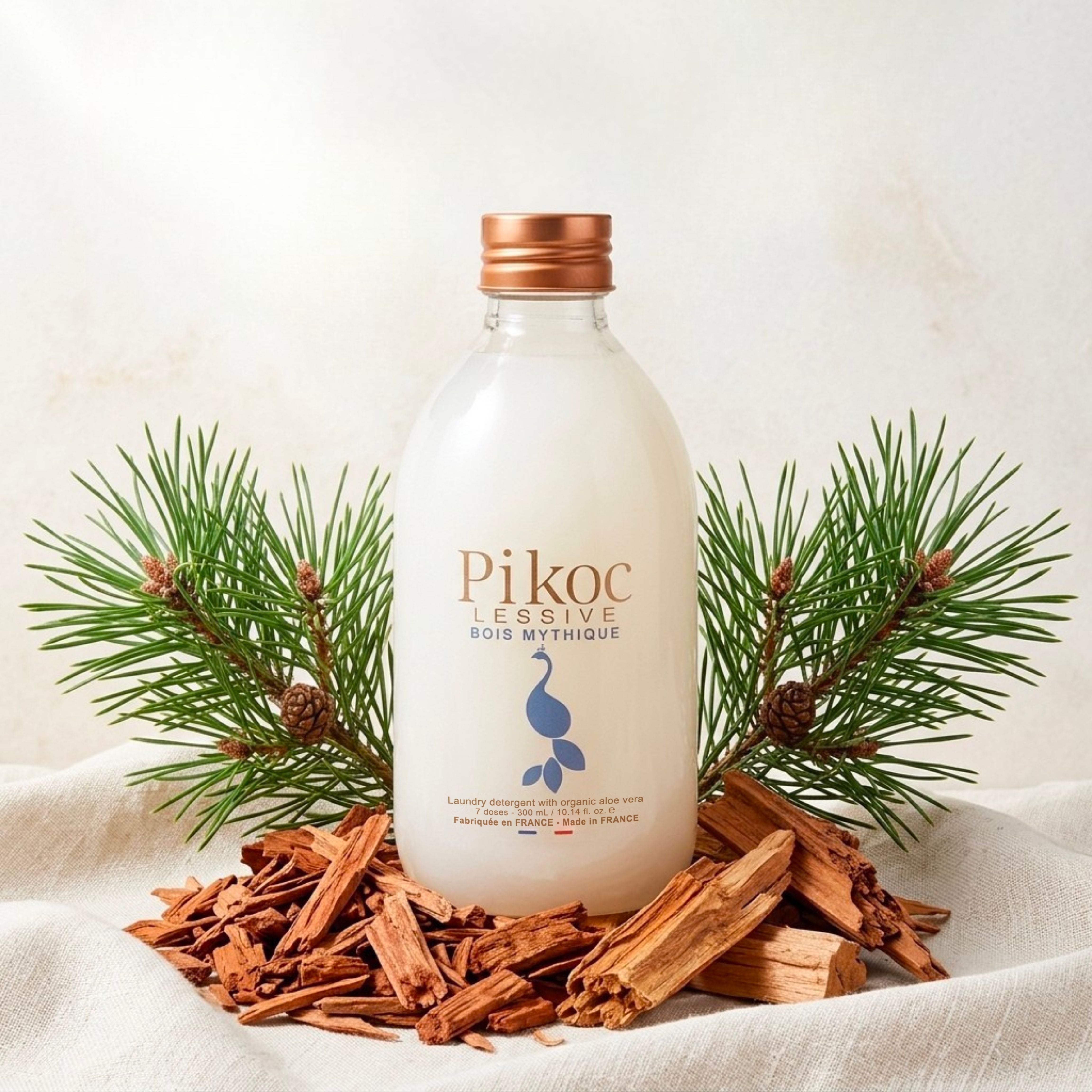Lessive Pikoc Bois Mythique, 300mL, pyramide olfactive avec ingrédients, notes de fond, de tête et de coeur