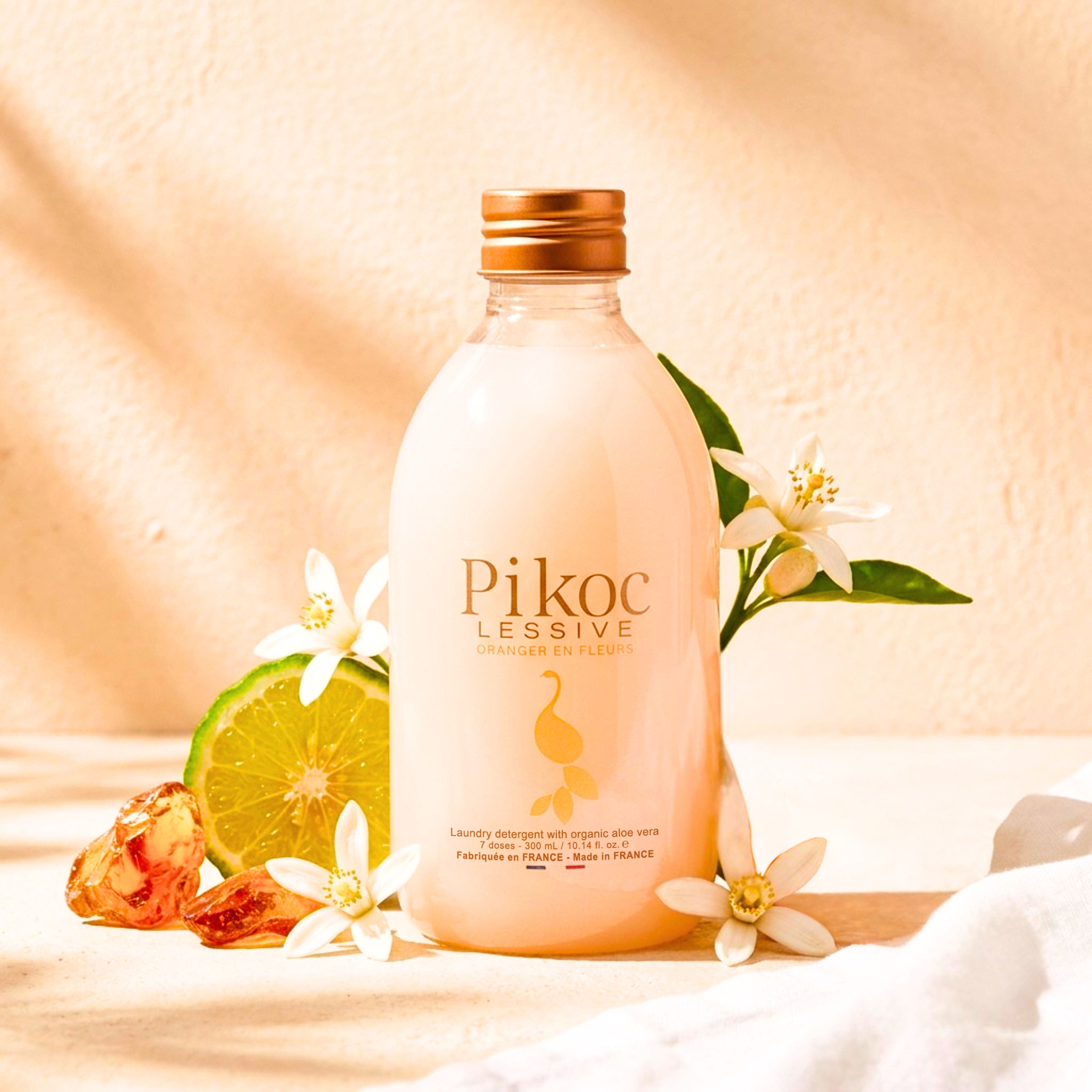 Lessive Pikoc Oranger en Fleurs, 300mL, pyramide olfactive avec ingrédients, notes de fond, de tête et de coeur