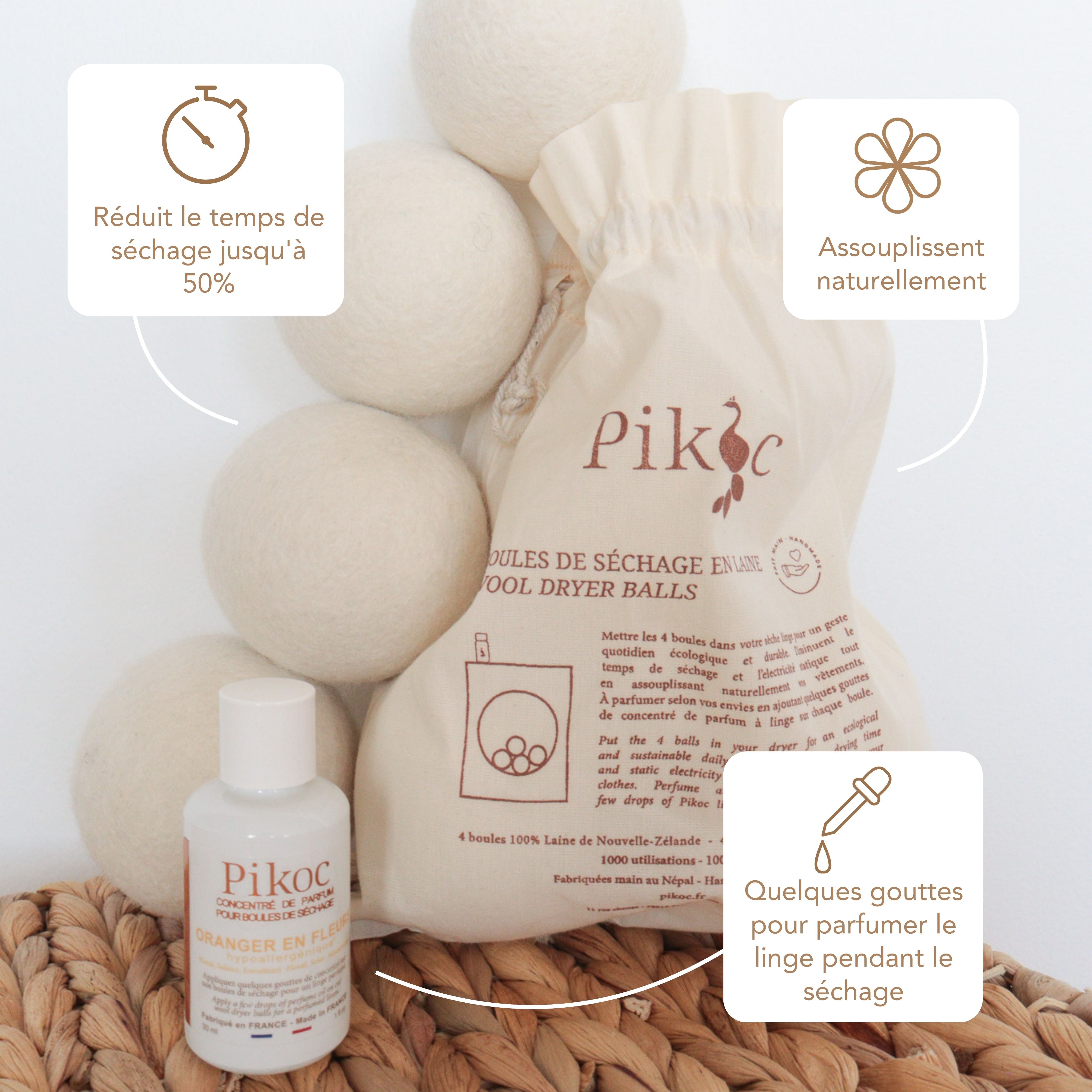 Set de séchage Pikoc Oranger en Fleurs, réduit le temps de séchage jusqu'à 50%, assouplit naturellement, quelques gouttes suffisent pour parfumer le linge pendant le séchage