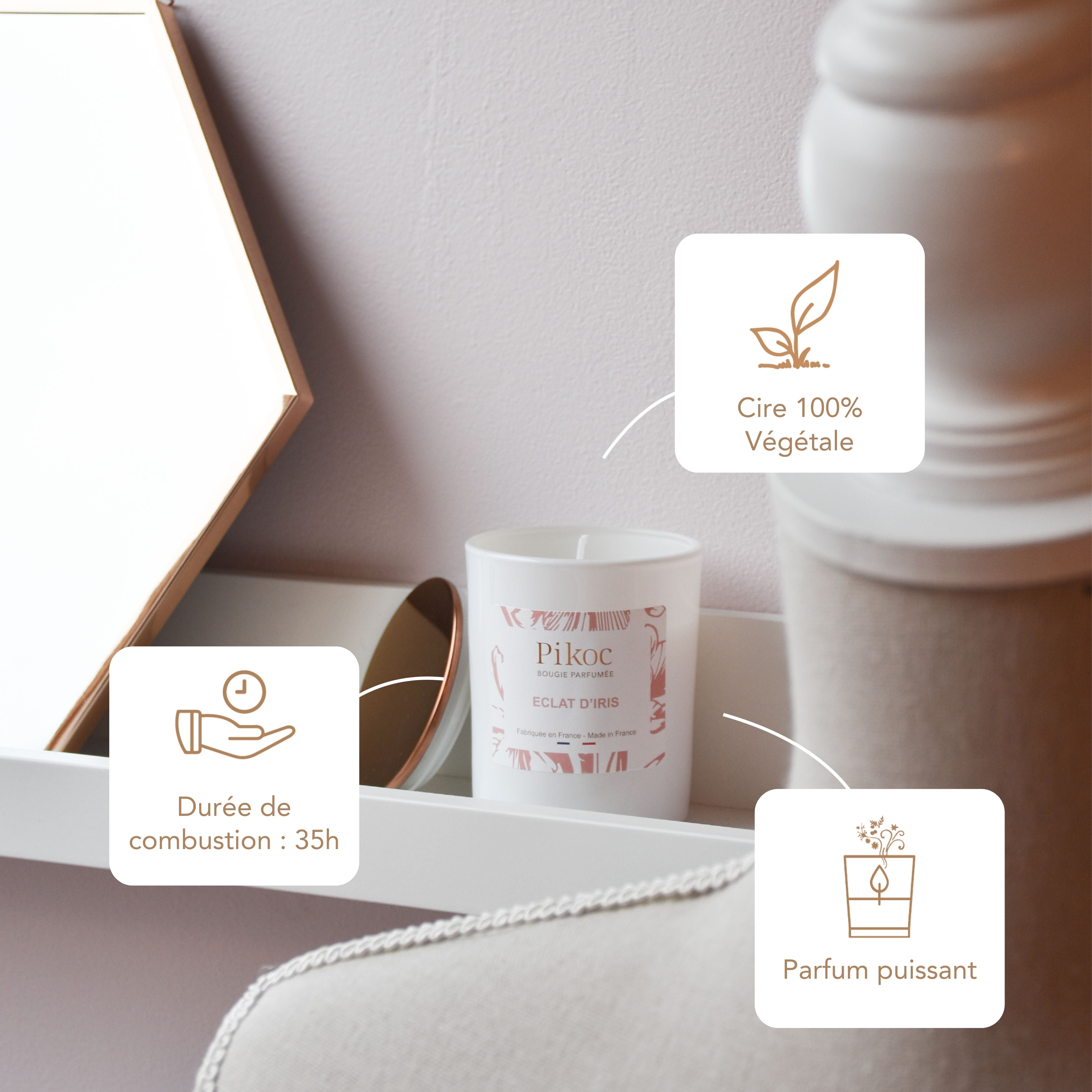 Bougie parfumée Pikoc Éclat d’Iris, 150g, durée de combustion 35h, cire 100% végétale (soja et coco), parfum puissant